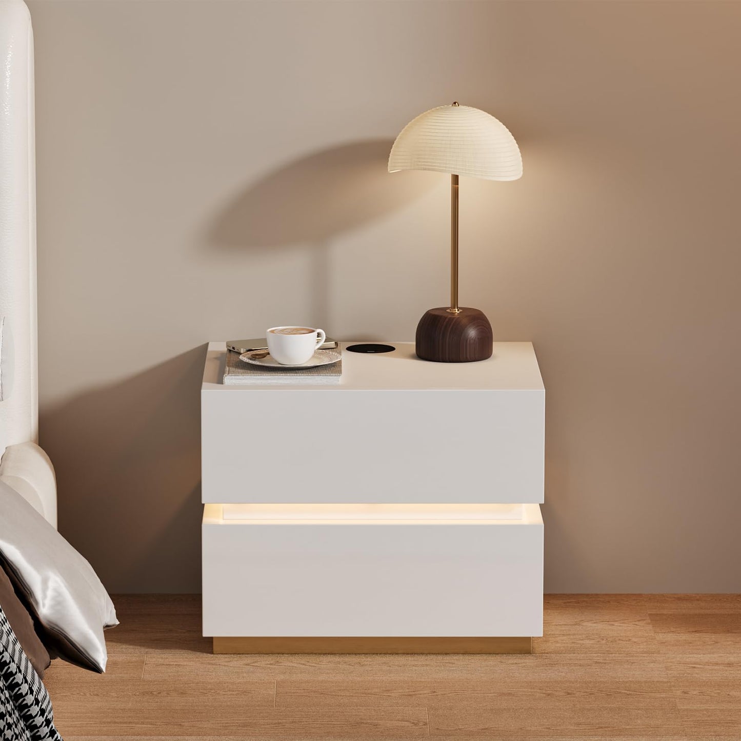 Homary LED Smart Bedside Table with Wireless Charging Station, Bedside Table with Drawers & USB Ports, Modern Bedside Table with LED Lighting for Bedroom (Led White, 3 Drawers)