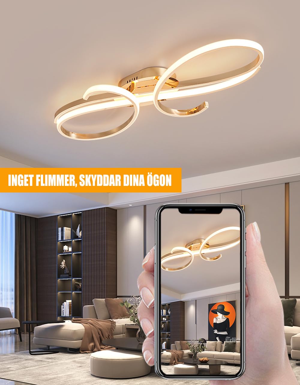 WSXEDC Moderne Kreative LED Deckenleuchte Dimmbare Metall Chrom für die Augenpflege Deckenlampe Mit Fernbedienung für Wohnzimmer Schlafzimmer Esszimmer Flure Gold 60cm