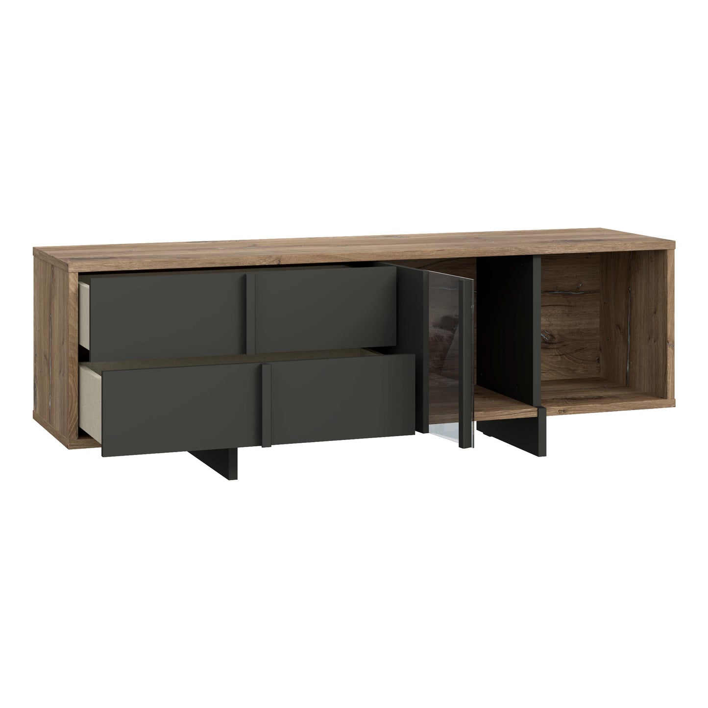 Forte TREBBIA TV Cabinet 150 160 Modern Cabinet with 2 Drawers Lowboard TV Rack Wood Composite Concrete Look Dark Grey/White High Gloss 152.7 cm Wide x 46.7 cm High x 51.7 cm Deep