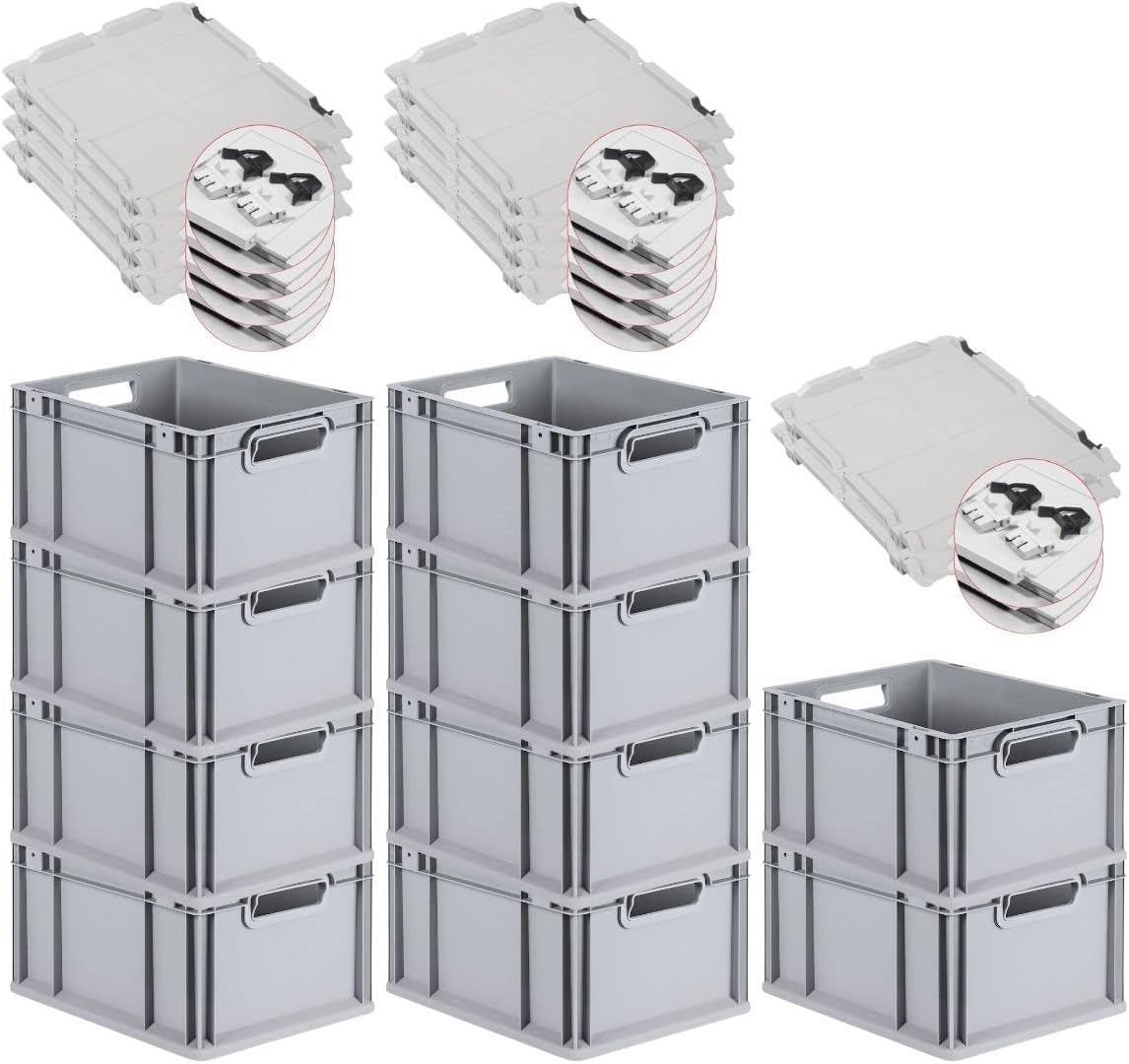 PROREGAL SuperSparSet 3 x Eurobox NextGen Grip with Lid and Yellow Clasps, H x W x D 32 x 40 x 60 cm, 65 Litres, Open Handles, Reinforced Base, Euro Container, Transport Box