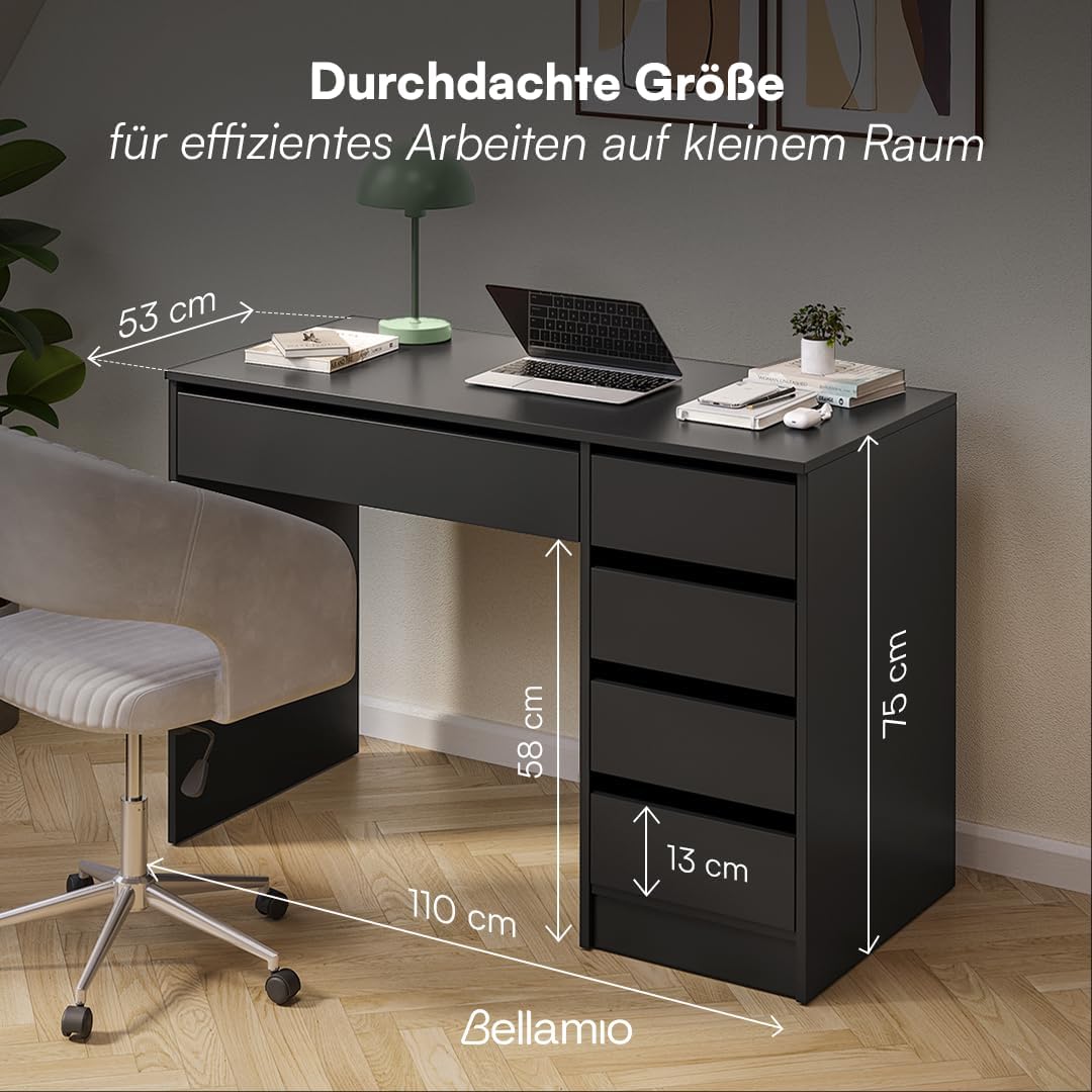 Bellamio Nore Schreibtisch in Schwarz mit 5 Schubladen - Jugendschreibtisch 75x53x110 cm - Schminktisch & Schreibtisch Kombi - Computertisch mit Schubladen beidseitig montierbar – Bürotisch