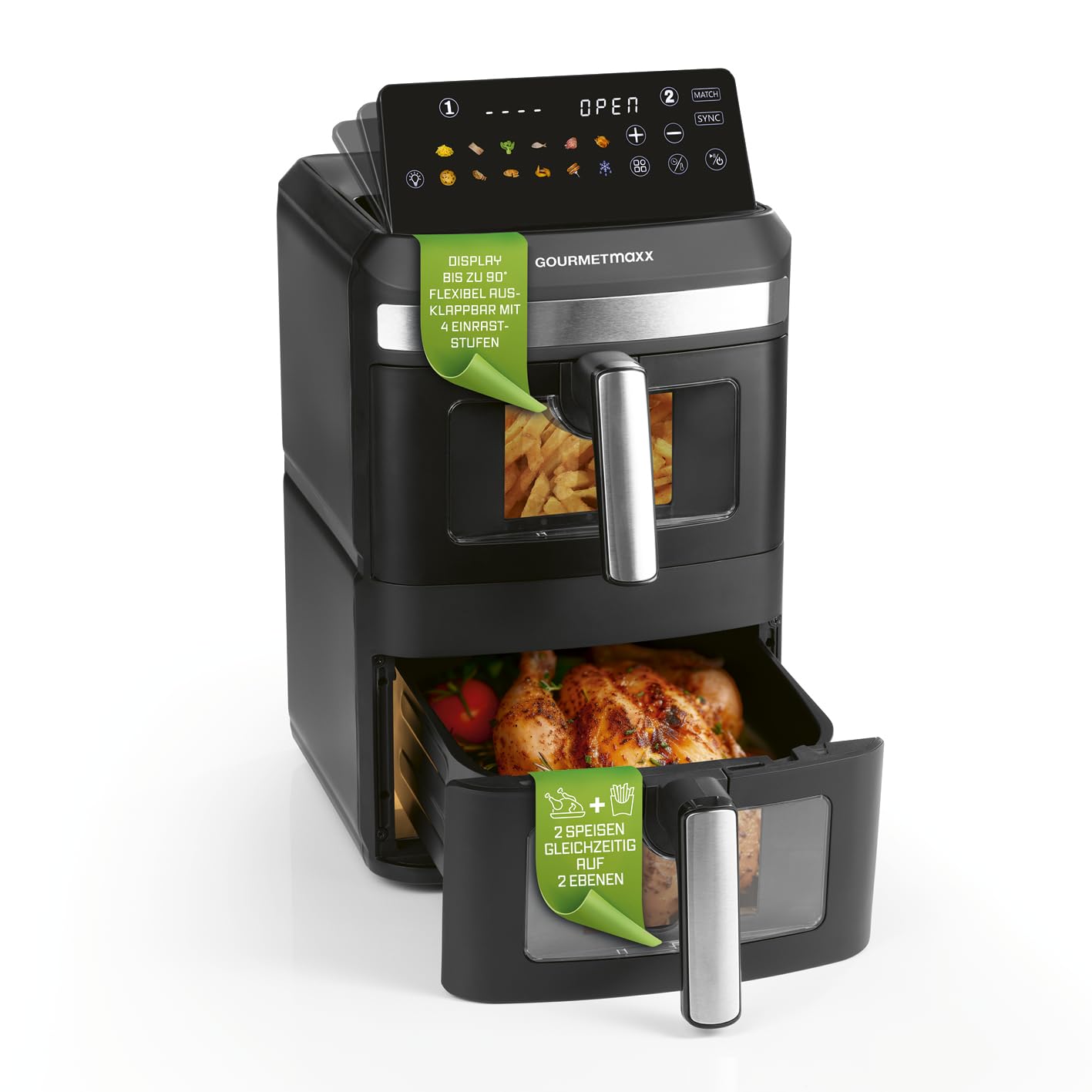 GOURMETmaxx Digitale Heißluftfritteuse 12 L, XXL-Edelstahl-Ofen | Airfryer + Timer, Touchdisplay, Drehspieß | fettarm, energiesparend frittieren | 10 Programme inkl. Pizza | 1800 W