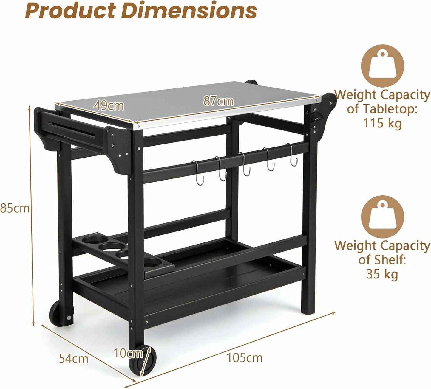 KOMFOTTEU Barbecue Trolley Grill Table with Stainless Steel Worktop, Garden Trolley Made of HDPE, Serving Trolley with Spice Tray, Wine Bottle Rack & Hooks, Grill Trolley, Kitchen Trolley for Outdoor