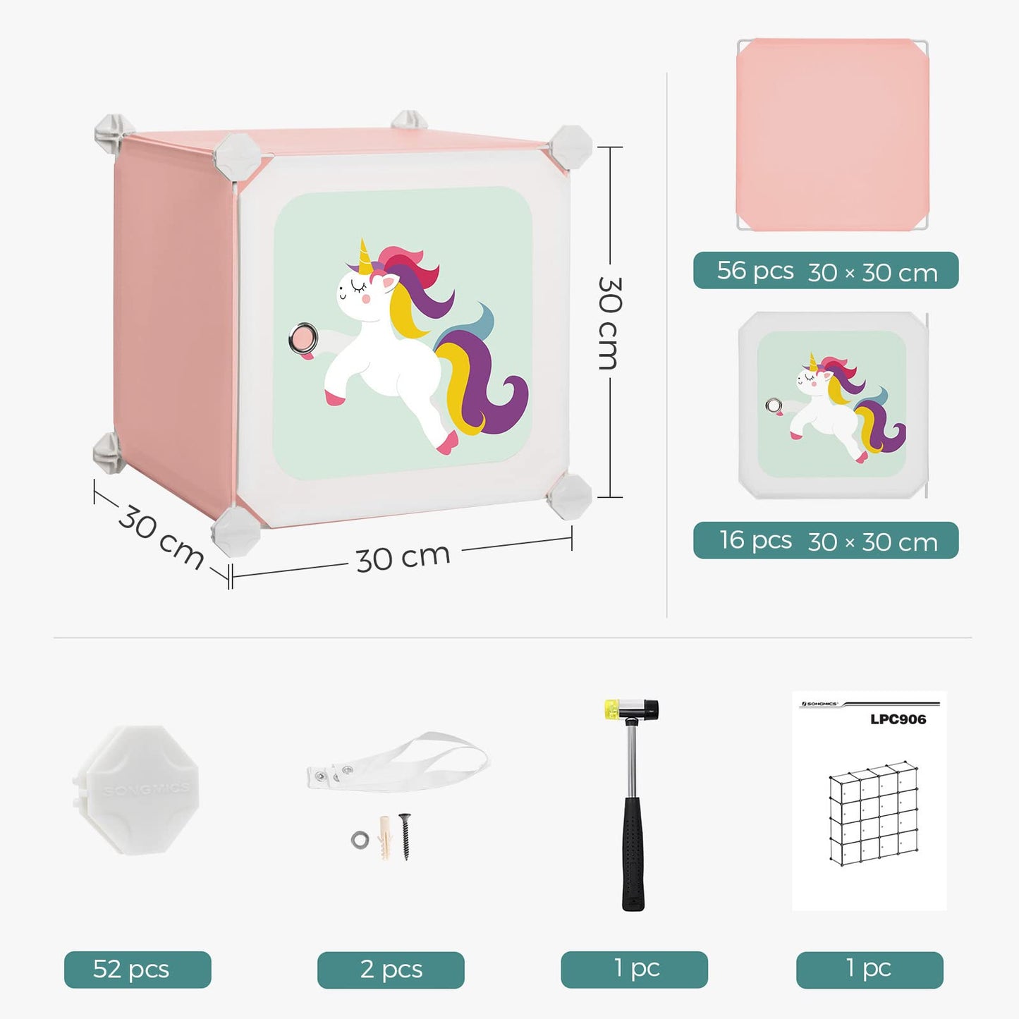 SONGMICS 16 Cube Shelving System, Storage Cabinet for Kids, Wardrobe with Doors, Plastic Shoe Rack, Boltless Shelf, Multipurpose, Shoes, Toy, 123 x 31 x 123 cm, White LPC906W01
