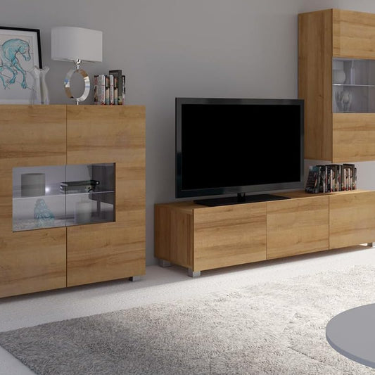 Lomadox Wall Unit Oak Nb. 3-Piece Modern with 1 TV Lowboard, 1 Hanging Display Cabinet with Lighting and 1 Highboard