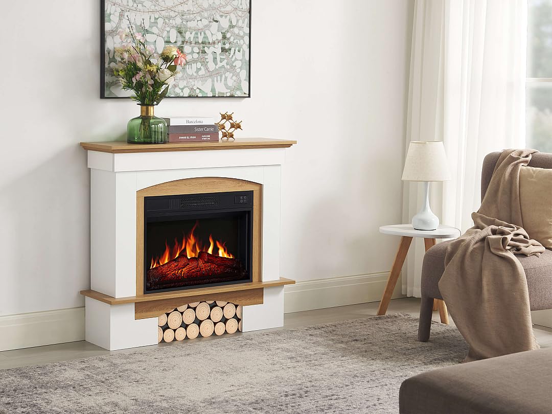 Woodley AF23BS White Brick Effect Electric Fireplace with LED Flame Effect, Heating up to 30 m², Remote Control, Realistic Design, Energy Saving, Freestanding, Grey Oak