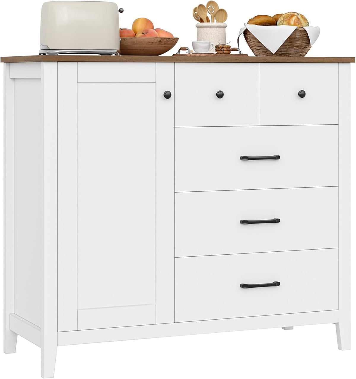 HOCSOK Sideboard, Küchenschrank mit 5 Schubladen und 1 Tür, Buffetschrank mit Arbeitsplatte für Küche, Esszimmer, Wohnzimmer, Flur, Holz, Weiß & Braun