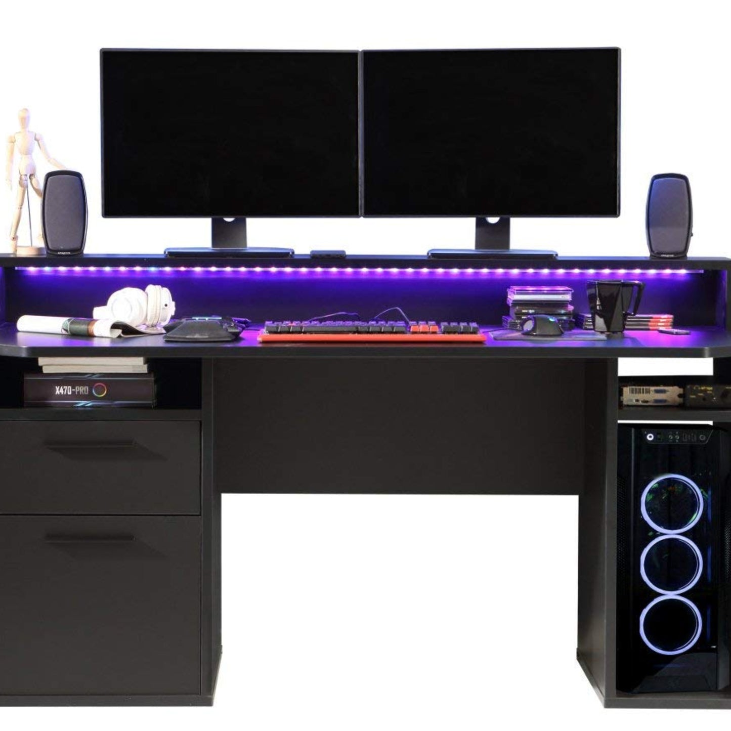 Forte TEZAUR Computer Desk Gaming Desk with LED Lighting and Shelf, Wood Material, Black, W x H x D: 200 x 91.1 x 125.4 cm