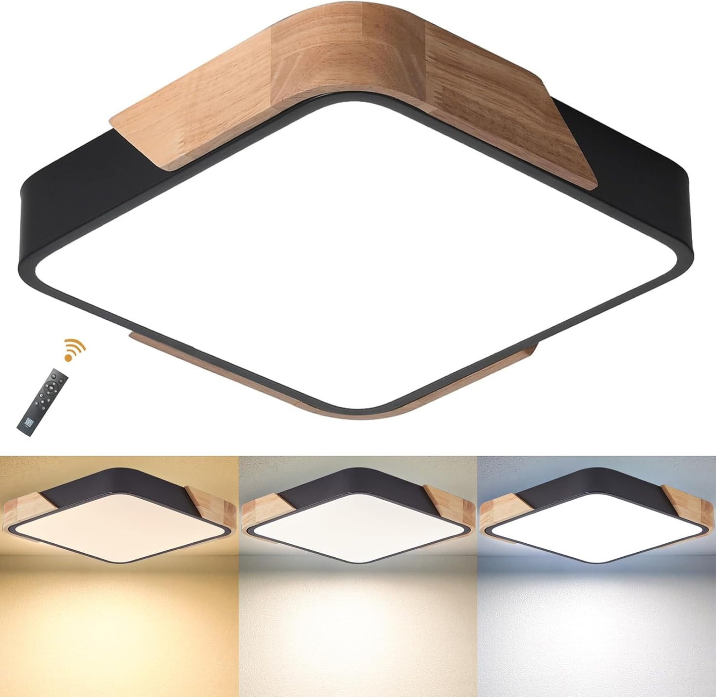 LED Wooden Ceiling Lights, Thin Flat Modern Flush-Mounted Light, Ceiling Lighting Lamps for Dining Room, Hallway, Living Room, Kitchen, Bedroom, 30 cm x 30 cm, 24 W, Warm White, 3000 K
