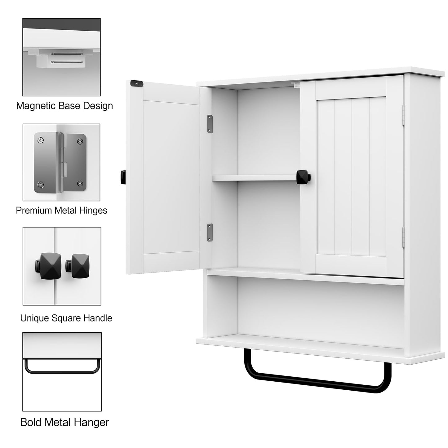 RRX Bathroom Cabinet, Wall Cabinet with Towel Rail, 56 x 13 x 65 cm, Storage Cabinet Over the Toilet with 2 Doors and Adjustable Shelf, White Wall Cabinet for Bathroom, Laundry Room (White)