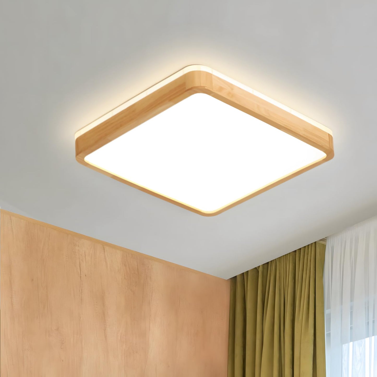 LED Wooden Ceiling Light, Diameter 30 cm, 3000 K, 1620 lm, 18 W, Ceiling Light with Square Top, 360° Luminous Natural Wood, Bedroom, Living Room, Children's Room, Kitchen, Dining Room (Warm White)