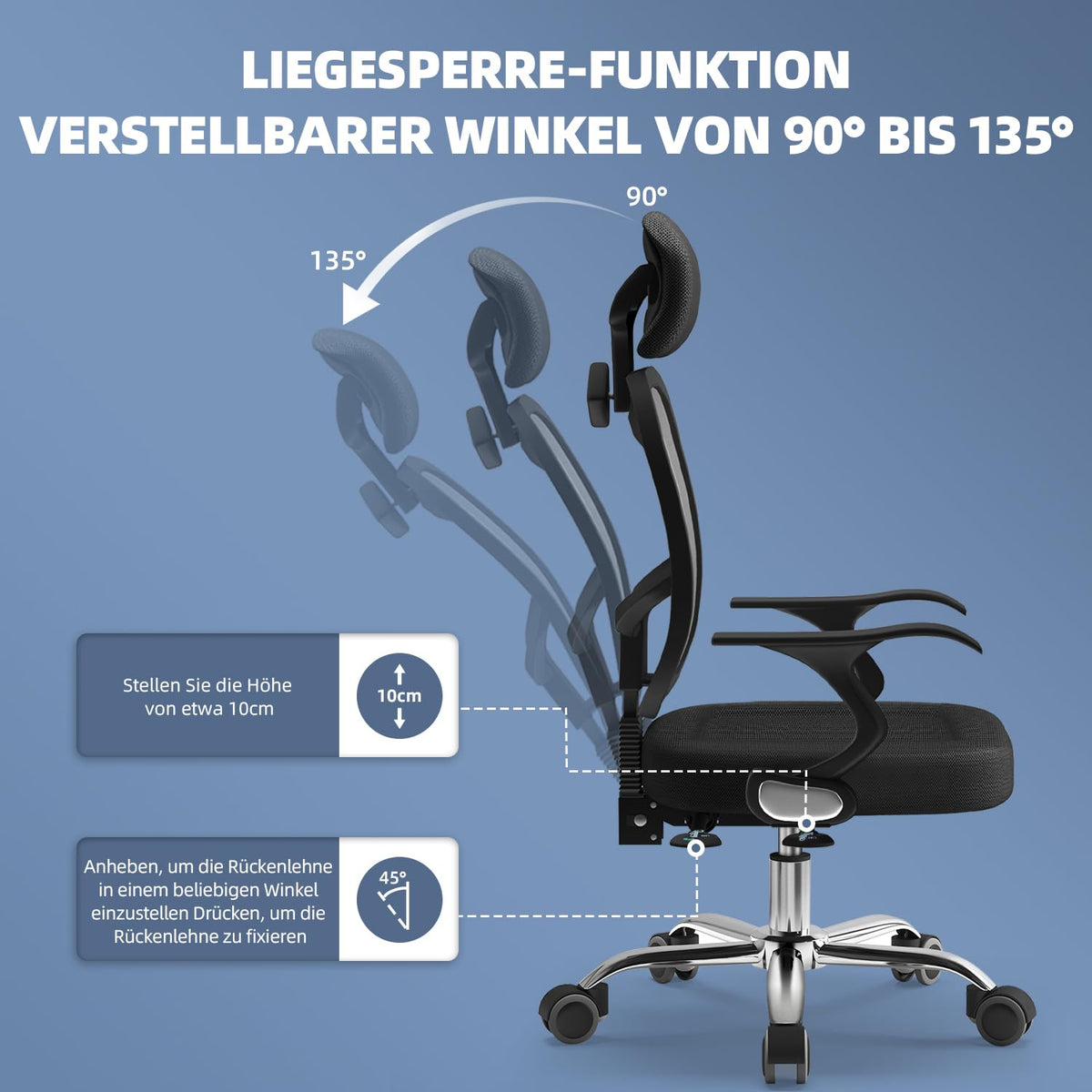 Airchros Ergonomic Office Chair, Desk Chair with Folding Armrests, Adjustable Lumbar Support, Height-Adjustable Executive Chair, Swivel Chair, Mesh Chair with Rocker Function up to 125°, Black