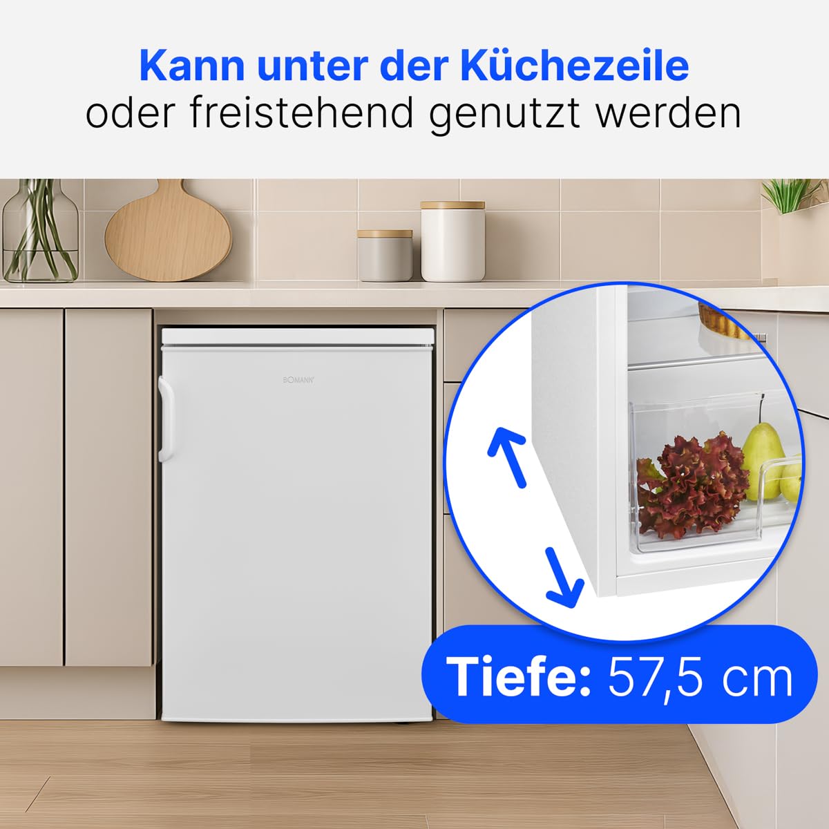 Bomann® Fridge without Freezer | Energy Class D | 85 cm | Quiet 39 dB | 3 Shelves | Door Hinge Changeable | 133 L | Small Fridge with Vegetable Compartment | Standard Fridge | VS 2195.1 White