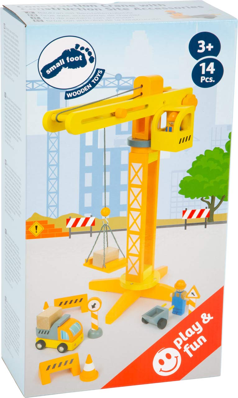 Small Foot 12007 Wooden Crane FSC 100% Certified with Construction Site Accessories 13 Pieces 360 Degree Rotation for Small Builders Toys Multi-Colour