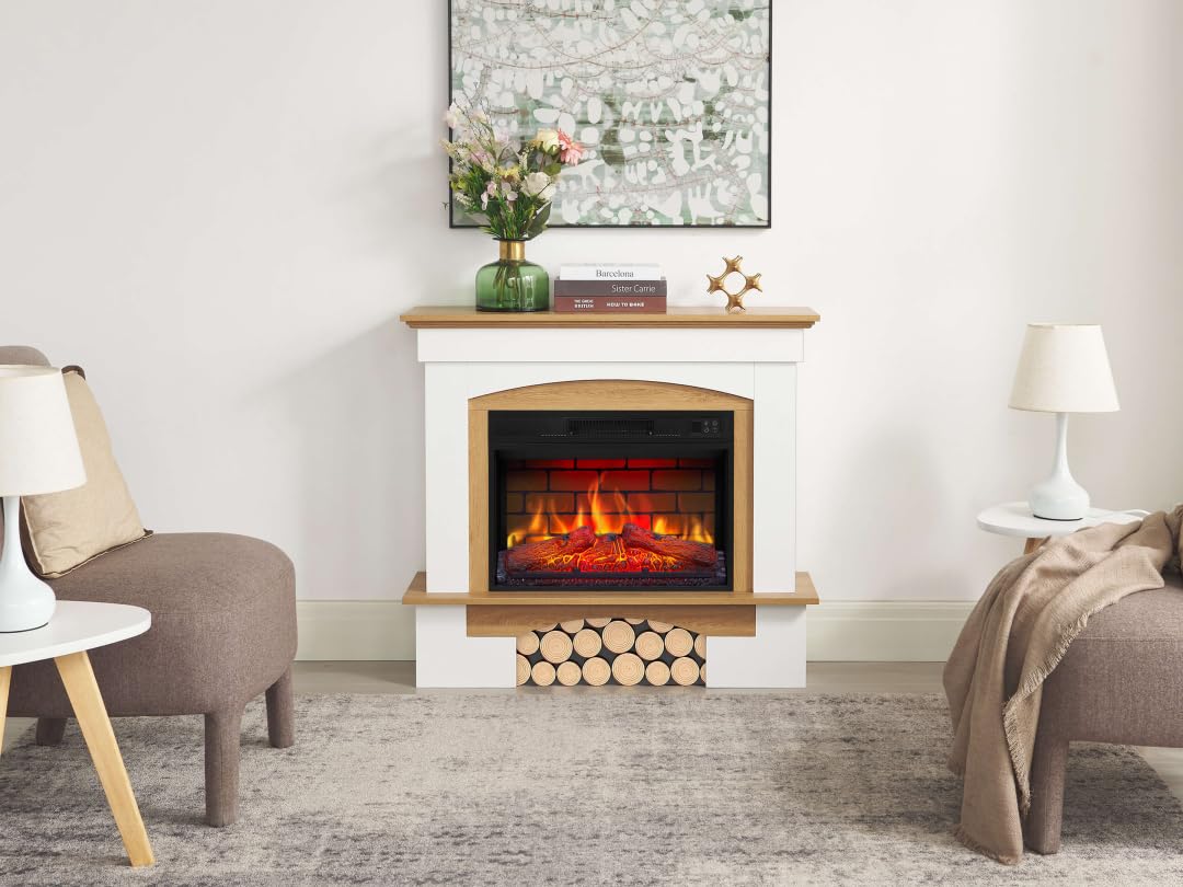 Woodley AF23BS White Brick Effect Electric Fireplace with LED Flame Effect, Heating up to 30 m², Remote Control, Realistic Design, Energy Saving, Freestanding, Grey Oak