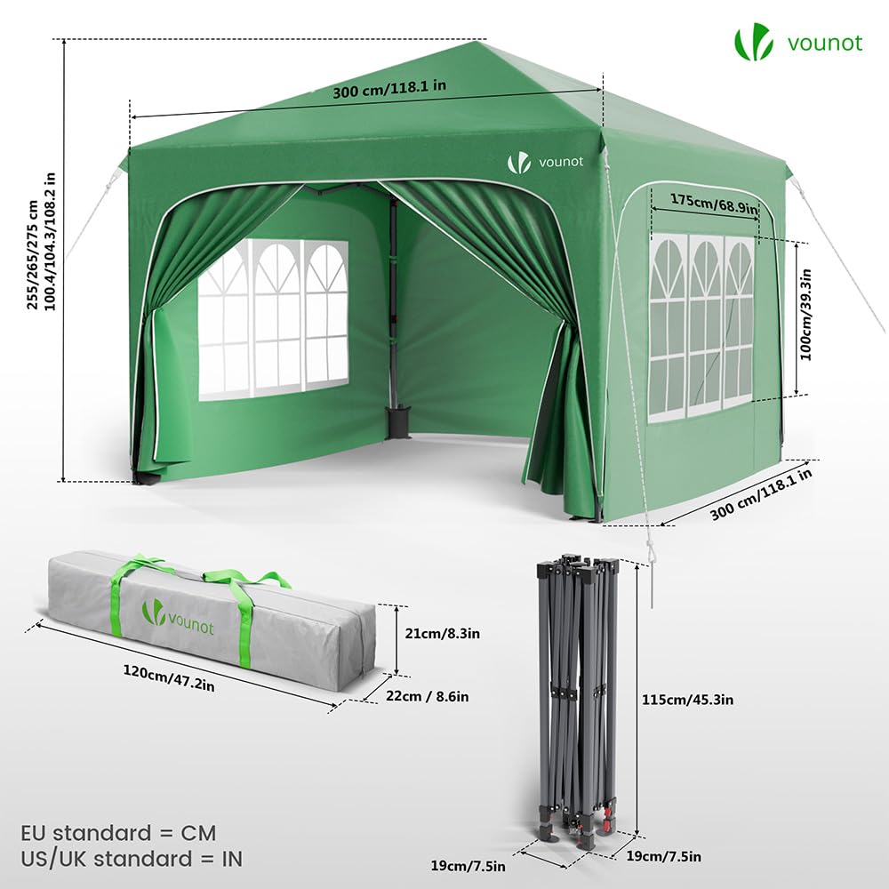 VOUNOT® Gazebo 3 x 3 m with 4 Side Panels and 4 Sand Bags, Pop Up Folding Gazebo, Waterproof, Foldable Garden Tent, Party Tent, Includes Bag, Grey