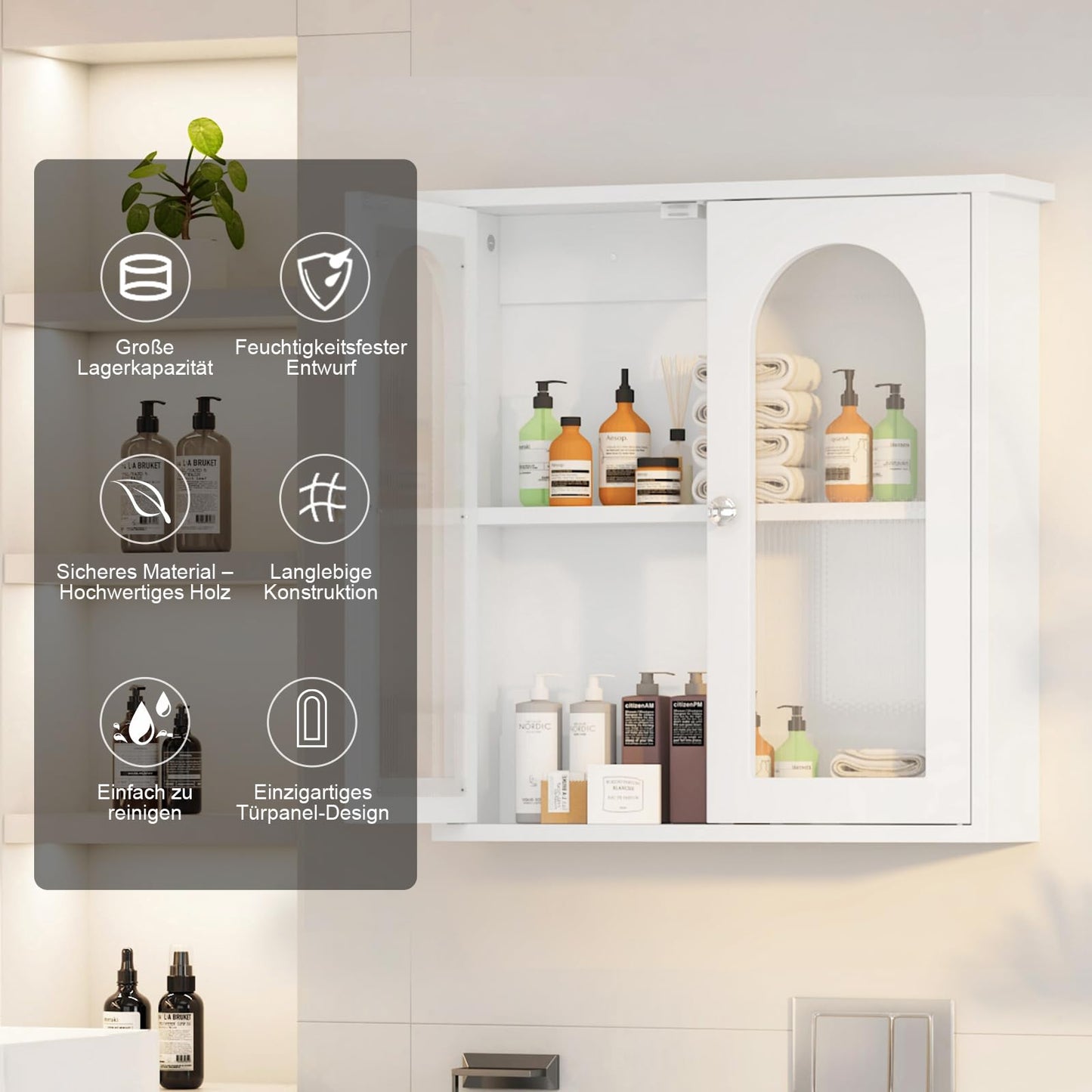 Bathroom Mirror Cabinet with 2 Doors, Wall Cabinet for Over the Toilet, Surface-Mounted Kitchen Wall Cabinet, Wall Cabinet with Shelves, Multifunctional Bathroom Cabinet, Natural