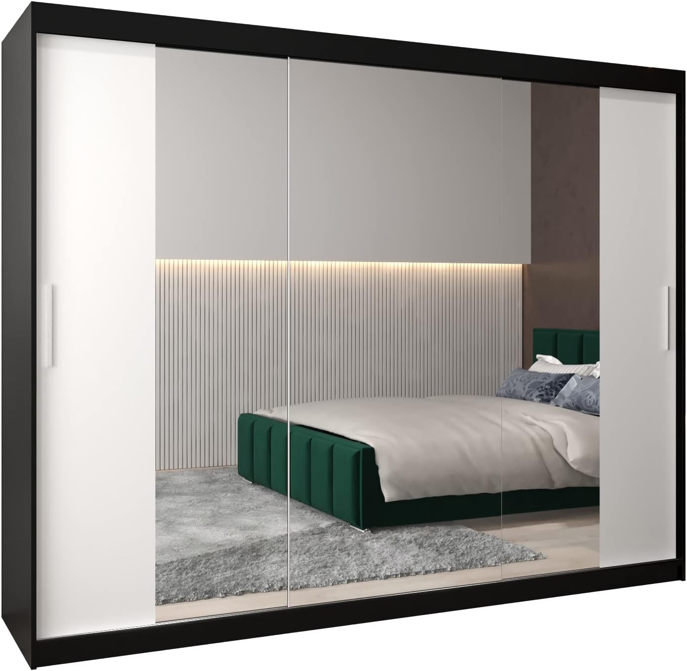 MEBLE KRYSPOL Kleiderschrank mit Spiegel Tokyo 2 - Garderobenschrank - Schrank Schlafzimmer - Mehrzweckschrank DREI Schiebetüren - Regalen - Flur Möbel - Kleiderstange Schrank - Allzweckschrank