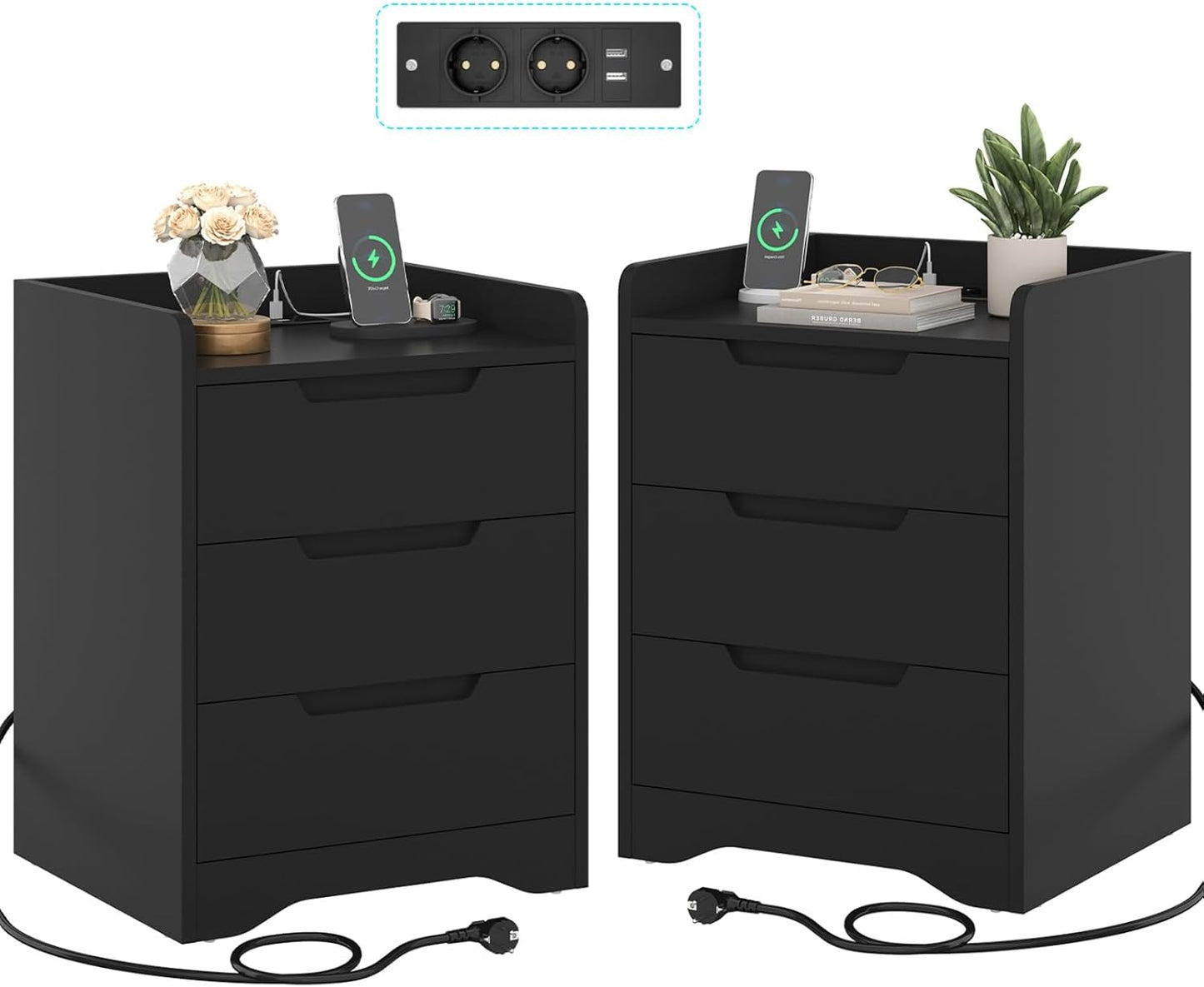 Bedside Table Set of 2 Bedside Tables with Charging Function and LED Light, Bedside Table, Set of 2 with 2 Drawers, Black Side Table, Black Coffee Table, Sofa Table for Bedroom, Living Room