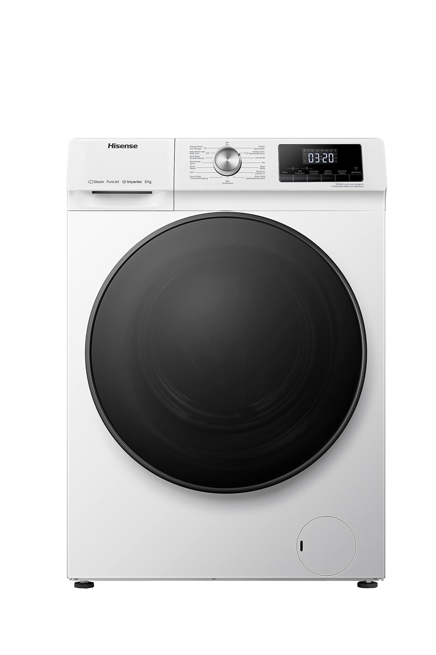 Hisense WF3S8043BB3 Waschmachine mit Dampffunkunktion, 8 kg, 1400 U,min, WIFI, ConnectLife, Power JetWash, Anti-Allergie Programm, Aqua Stop, Auto Wash, Quick Wash, EEK A-30 Prozent