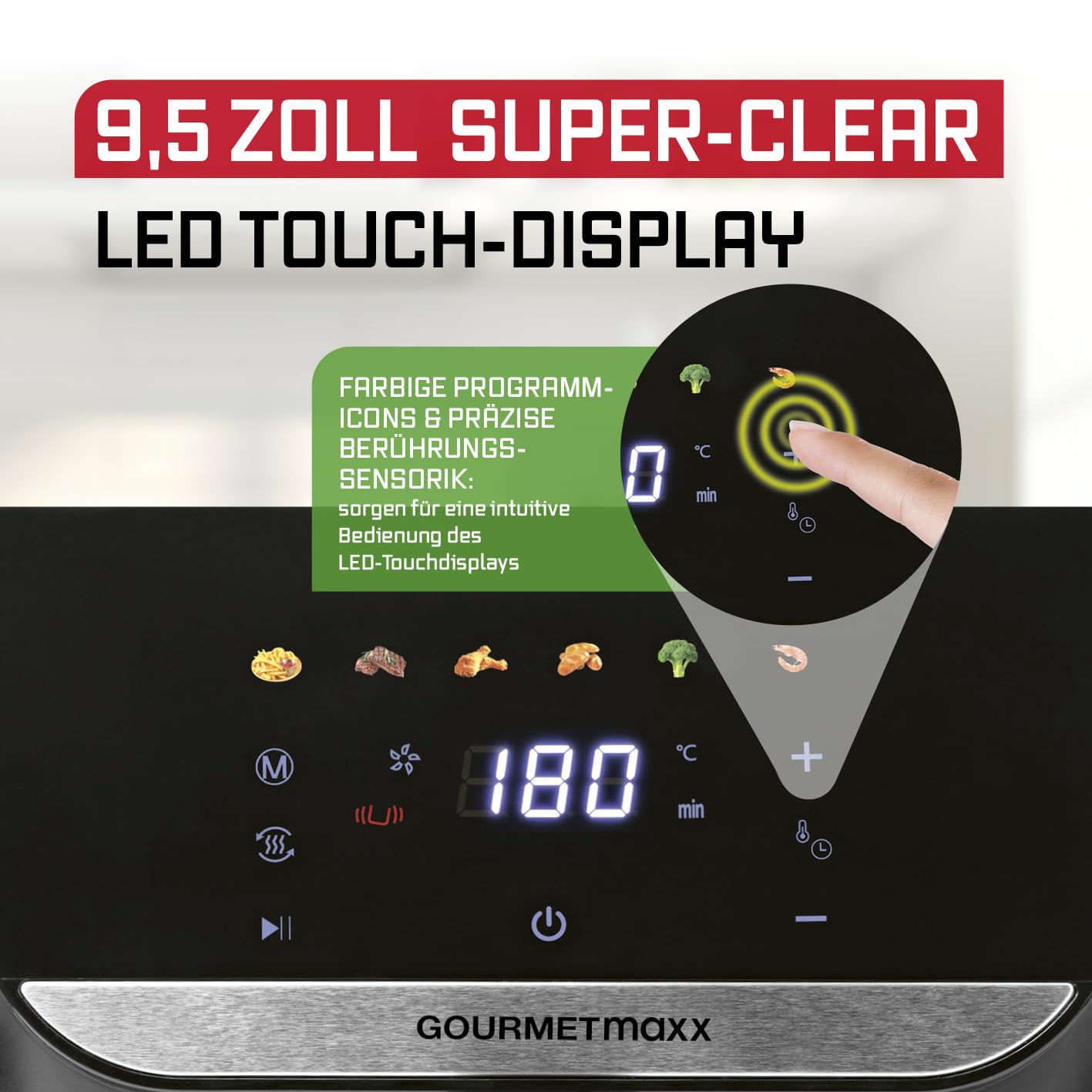 GOURMETmaxx Digitale Heißluftfritteuse 12 L, XXL-Edelstahl-Ofen | Airfryer + Timer, Touchdisplay, Drehspieß | fettarm, energiesparend frittieren | 10 Programme inkl. Pizza | 1800 W