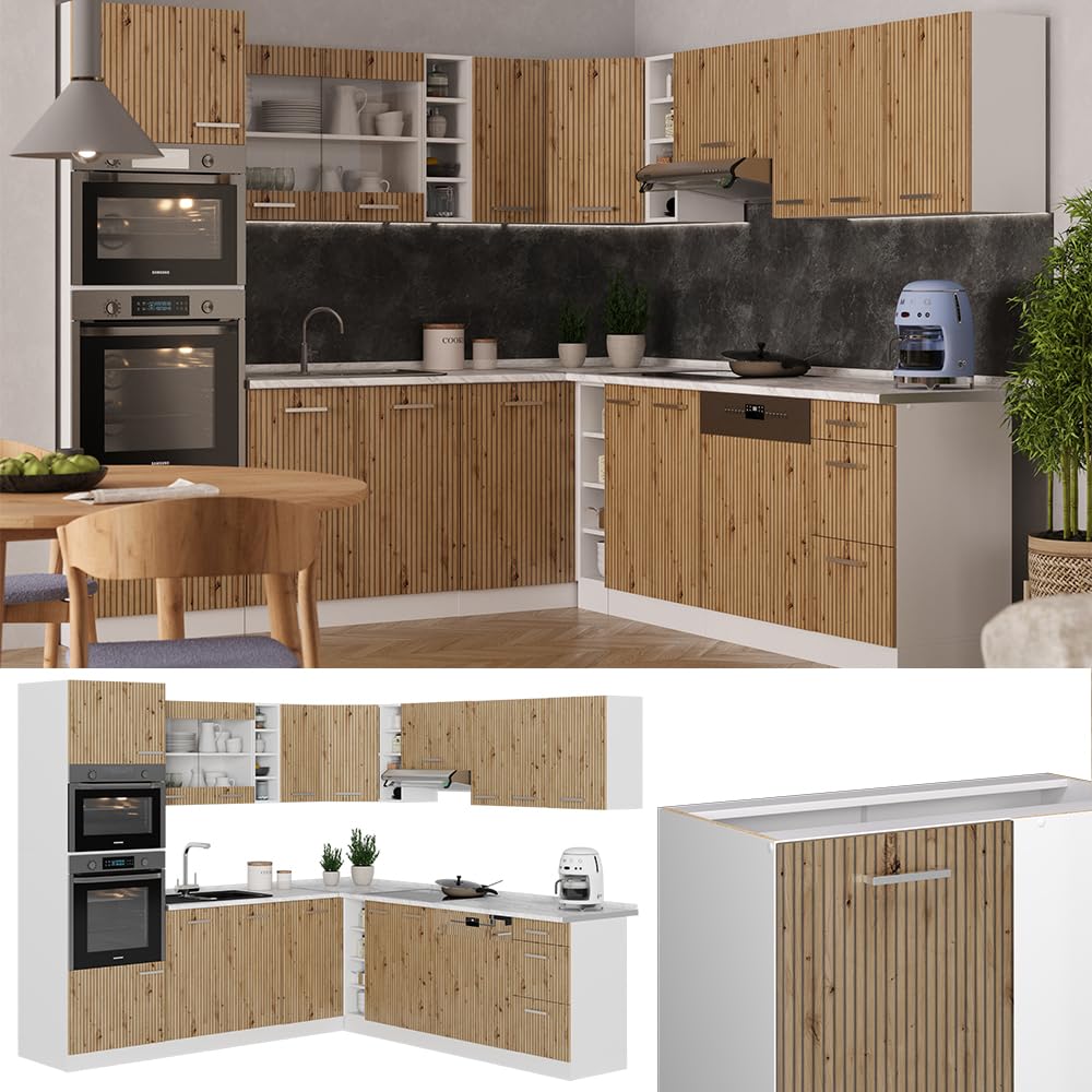 Vicco R-Line Fitted Kitchen Cabinets Country House Kitchen Furniture (White, Corner 247 x 237 cm)