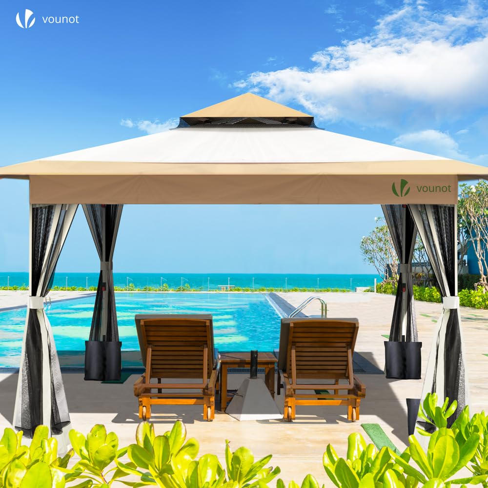 VOUNOT Pavillon Faltbar 3,6x3,6m, Pop Up Partyzelt mit Mesh Sides & Doppeldach, Faltpavillon Stabil mit Bein Gewichte & Roller Bag, Gartenpavillon Gartenzelt Grau