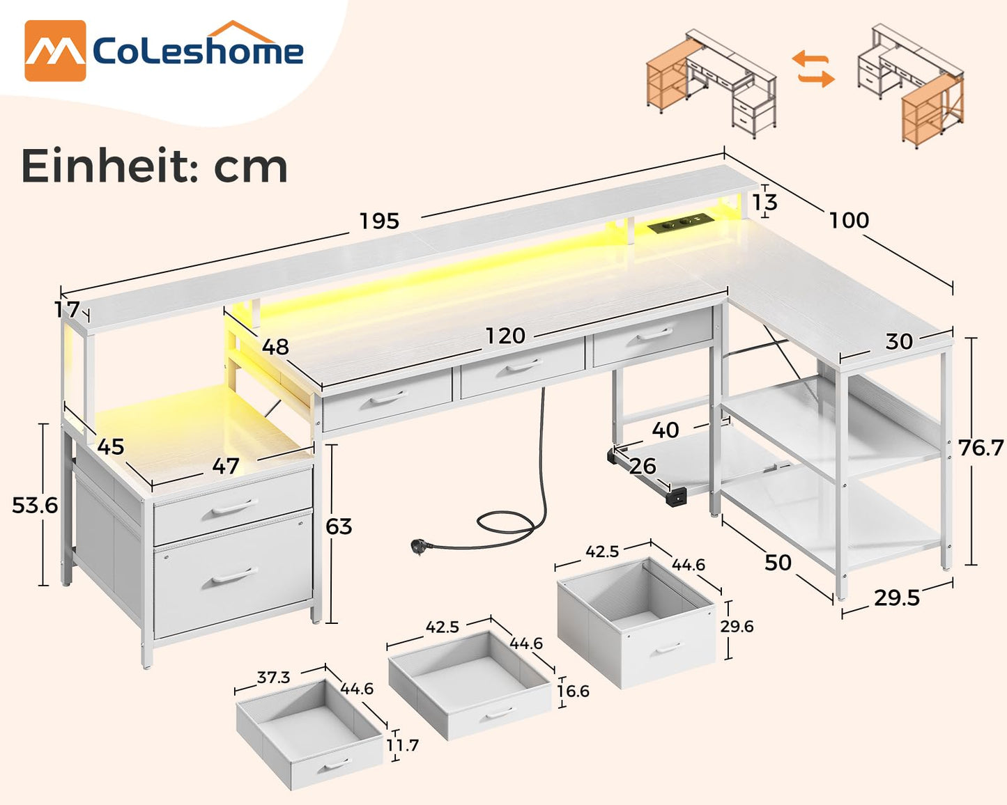 Coleshome L Shape Desk with Drawers, 195 x 100 cm Gaming Table with Socket, LED & Monitor Stand, Reversible Corner Desk with Storage Space, Computer Desk with Shelf for Office, Black