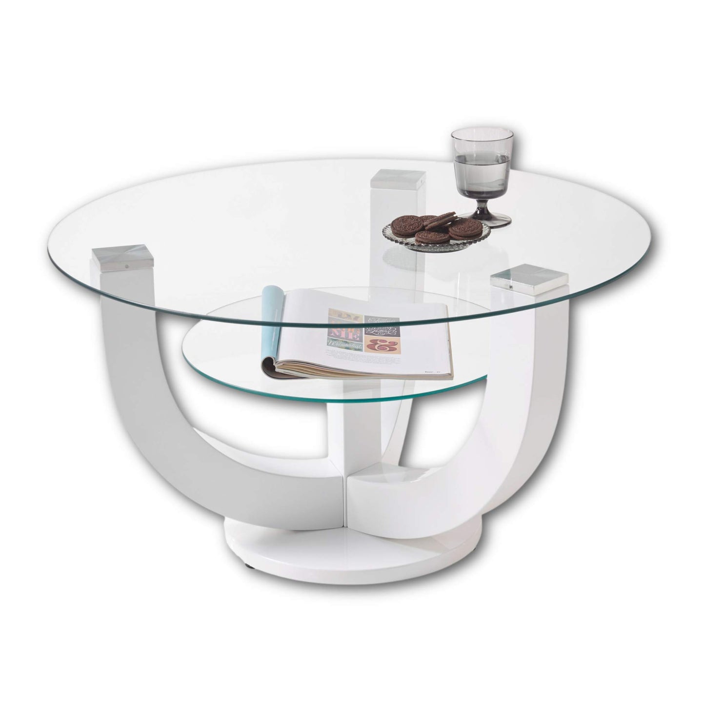 Stella Trading Glass Coffee Table in High Gloss White - Stylish Glass Table with Shelf and Curved Frame in U-Shaped for Your Living Area - 110 x 40 x 60 cm (W x H x D)
