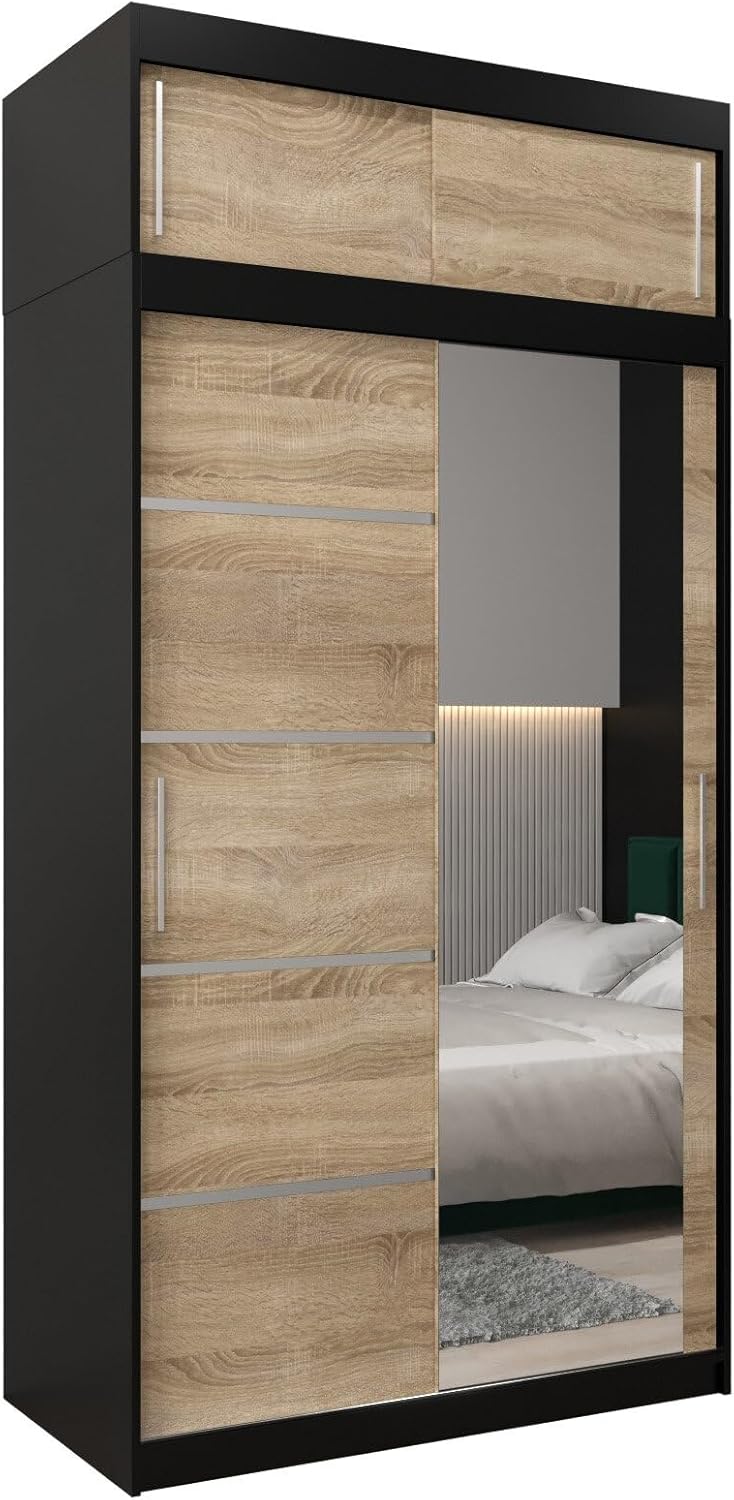 MEBLE KRYSPOL Verona 2, 250 cm Bedroom Wardrobe with Three Sliding Doors, Mirror, Clothes Rail and Shelves, 250 x 200 x 62 cm, Matt Black