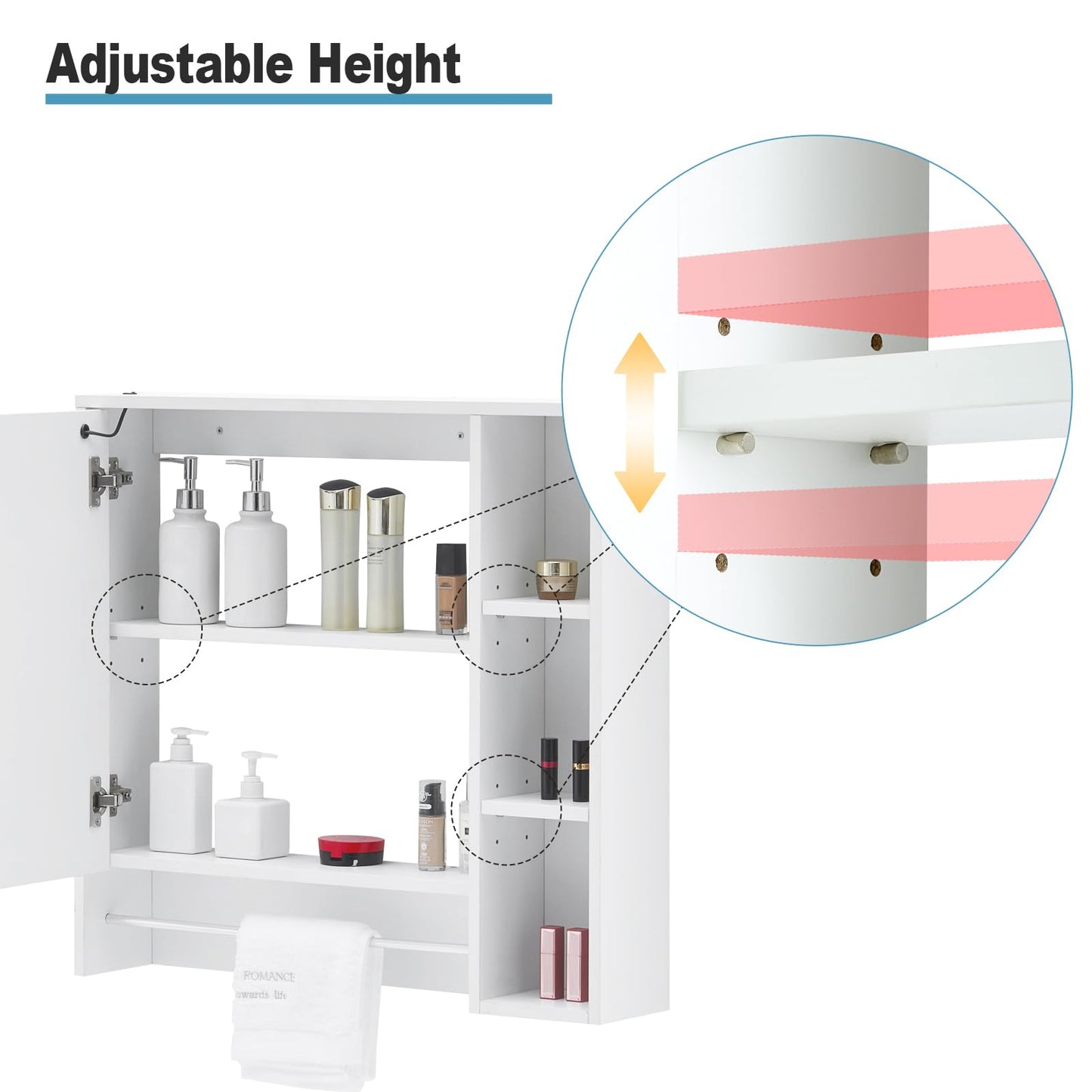 TUKAILAI Mirror Cabinet with LED Lighting, 6 Open Shelves and Adjustable Shelves, Bathroom Mirror with Touch Switch, Bathroom Mirror, Light Mirror, Wall Mirror, Bathroom Cabinet for Bathroom