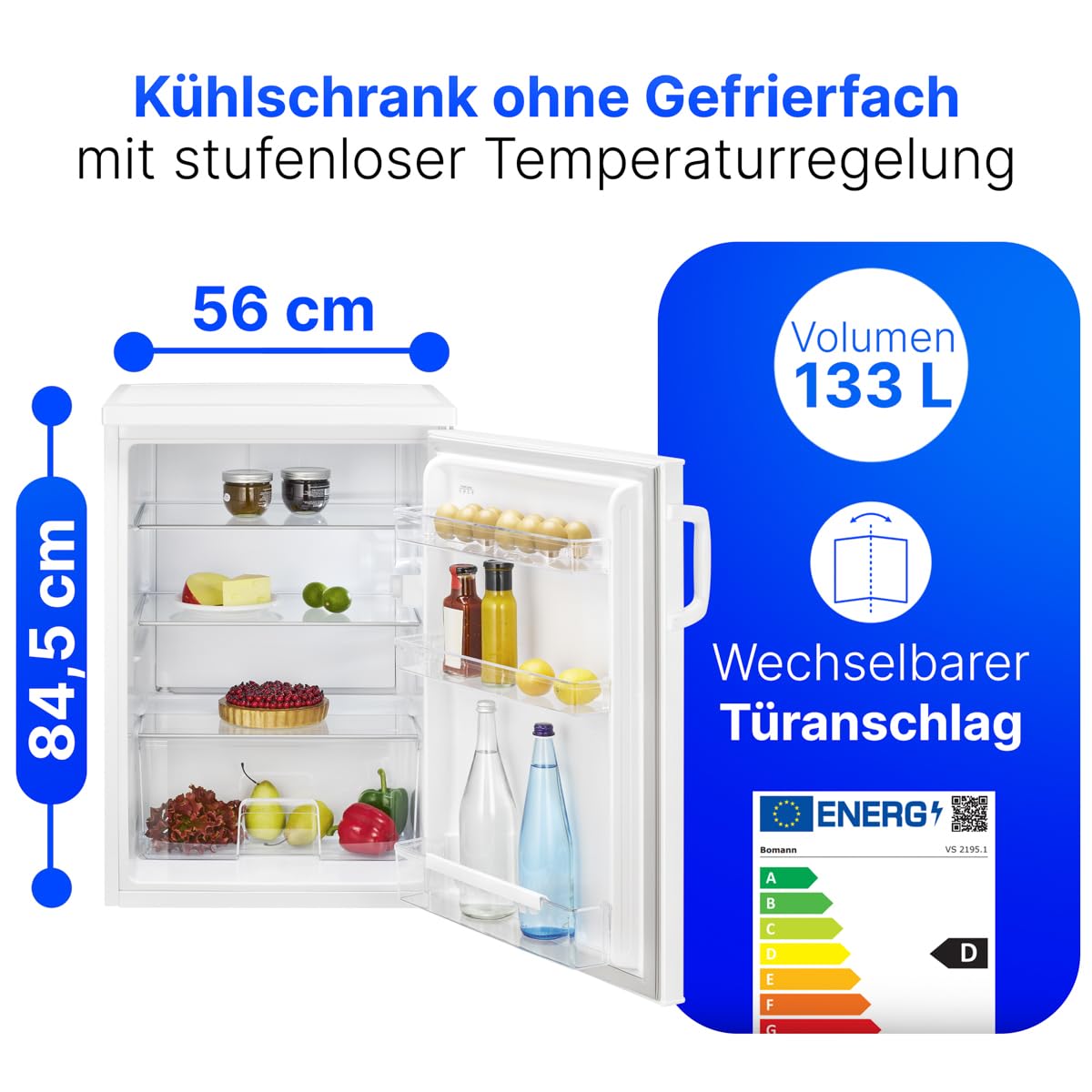 Bomann® Fridge without Freezer | Energy Class D | 85 cm | Quiet 39 dB | 3 Shelves | Door Hinge Changeable | 133 L | Small Fridge with Vegetable Compartment | Standard Fridge | VS 2195.1 White