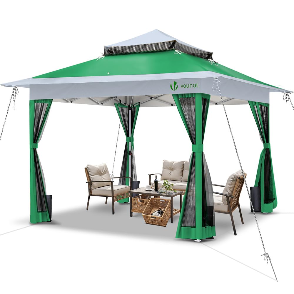 VOUNOT Pavillon Faltbar 3,6x3,6m, Pop Up Partyzelt mit Mesh Sides & Doppeldach, Faltpavillon Stabil mit Bein Gewichte & Roller Bag, Gartenpavillon Gartenzelt Grau