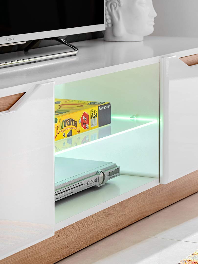 Generisch Fame Living Room Set Living Room Wall Shelf TV Wall Matt High Gloss Showcase Cabinet Lowboard Wall Shelf with LED (White/Artisan Oak)
