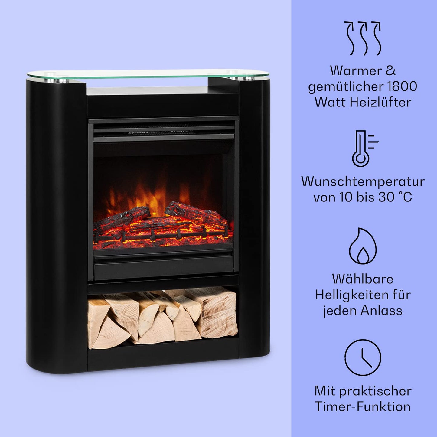 Klarstein Elektrokamin, Elektro Heizungen für Wohnzimmer & Innenräume, Elektrischer Kamin mit LED Flammen, Sparsamer Elektroofen, Heizlüfter mit Timer, Einstellbarer Thermostat, Heizung 1800 W