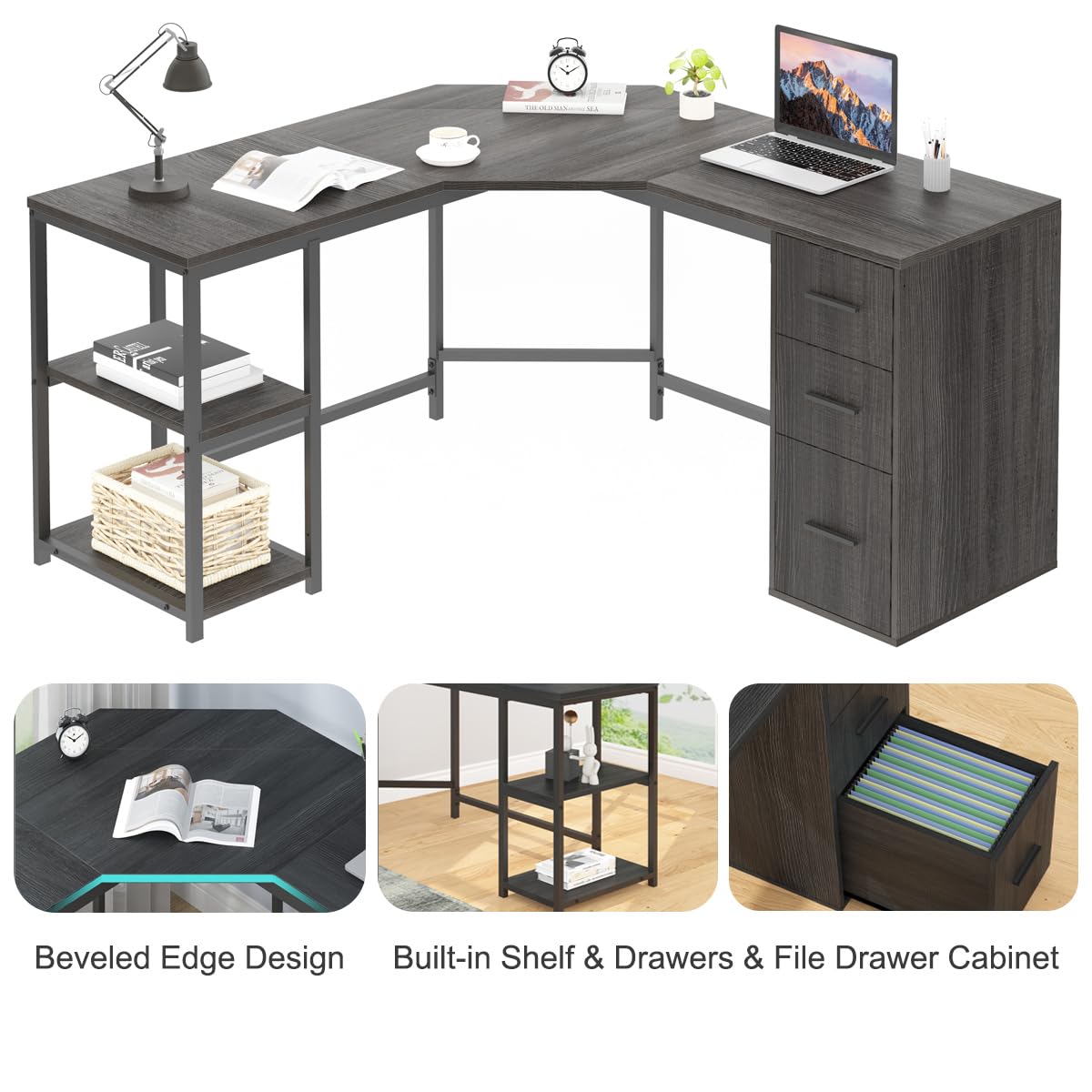 LVB White L Shaped Corner Desk with Drawers, Reversible Modern L Shaped Computer Desk with Storage Cabinets, Large L Shaped Wooden L Shaped Desk Metal L Shape