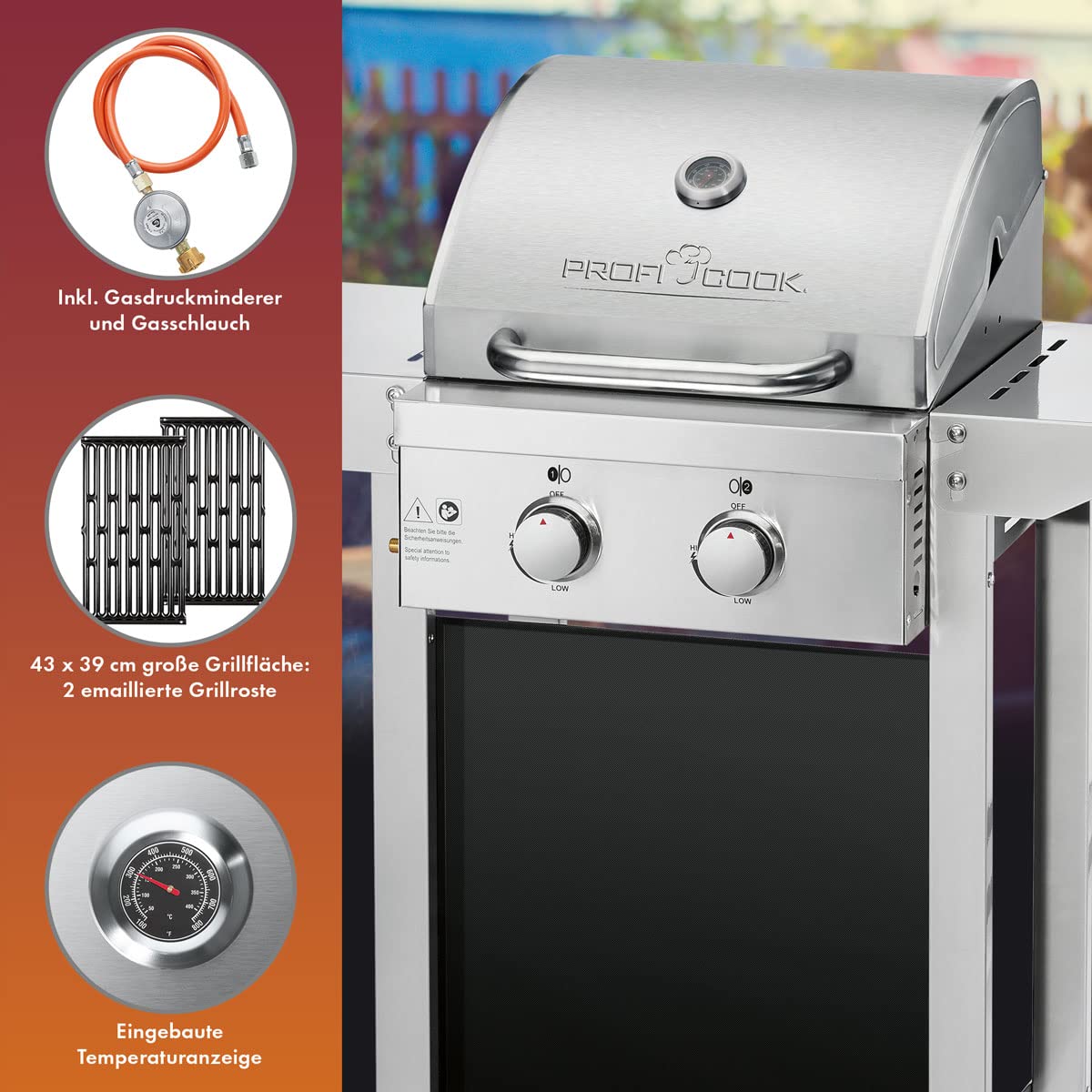 ProfiCook® gas grill for temperatures up to 350 °C, grill grates made of real cast iron, for balcony, including gas pressure regulator and hose, 2 burners, small, 2 shelves, PC GG 1309 silver