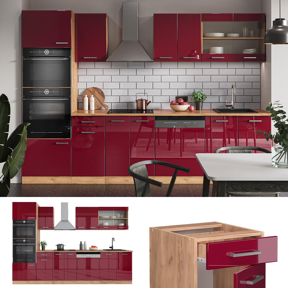 Vicco R-Line Kitchen Unit, High-Gloss Anthracite/Goldkraft Oak, 300 cm with Tall Cabinet, without Worktop