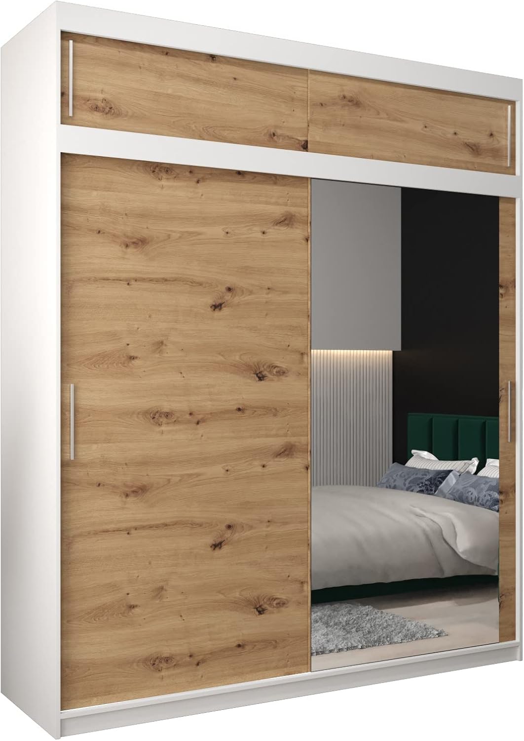 MEBLE KRYSPOL Kleiderschrank mit Spiegel Tokyo 2 - Garderobenschrank - Schrank Schlafzimmer - Mehrzweckschrank DREI Schiebetüren - Regalen - Flur Möbel - Kleiderstange Schrank - Allzweckschrank