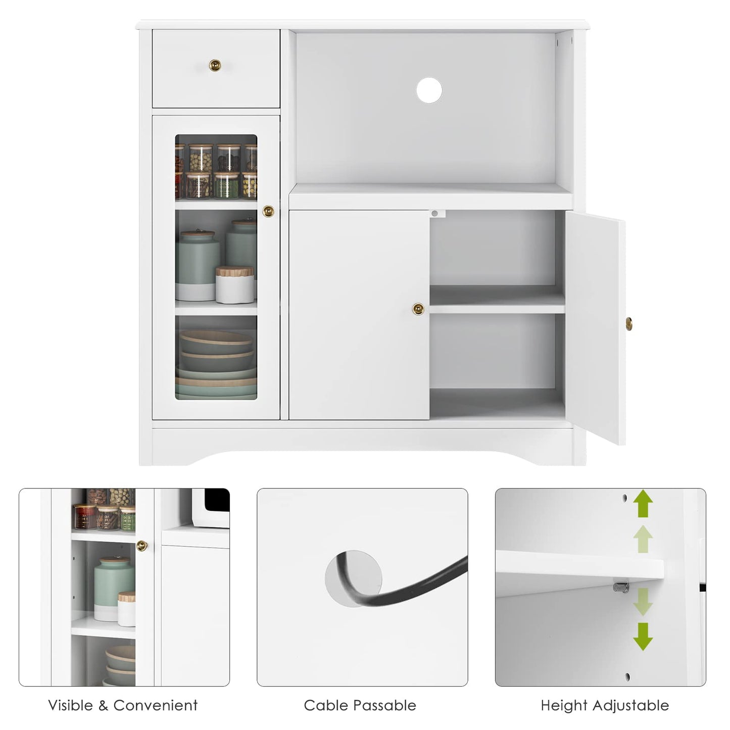 HOCSOK Kitchen Cabinet with Worktop, Sideboard Kitchen with Microwave Shelf, Buffet Cabinet with 1 Drawer, 3 Doors, Adjustable Shelves, for Kitchen, Dining Room, Living Room, Black