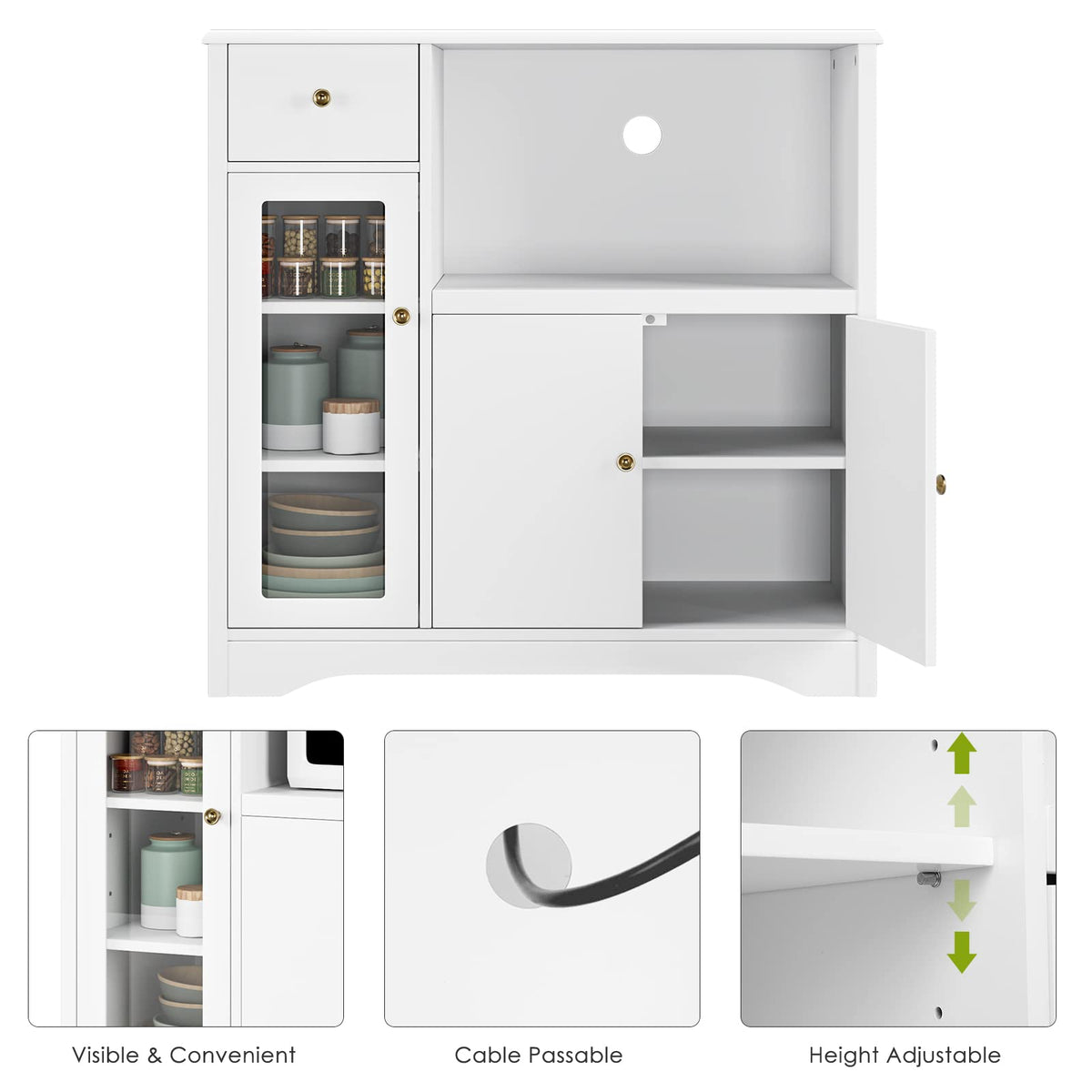 HOCSOK Kitchen Cabinet with Worktop, Sideboard Kitchen with Microwave Shelf, Buffet Cabinet with 1 Drawer, 3 Doors, Adjustable Shelves, for Kitchen, Dining Room, Living Room, White