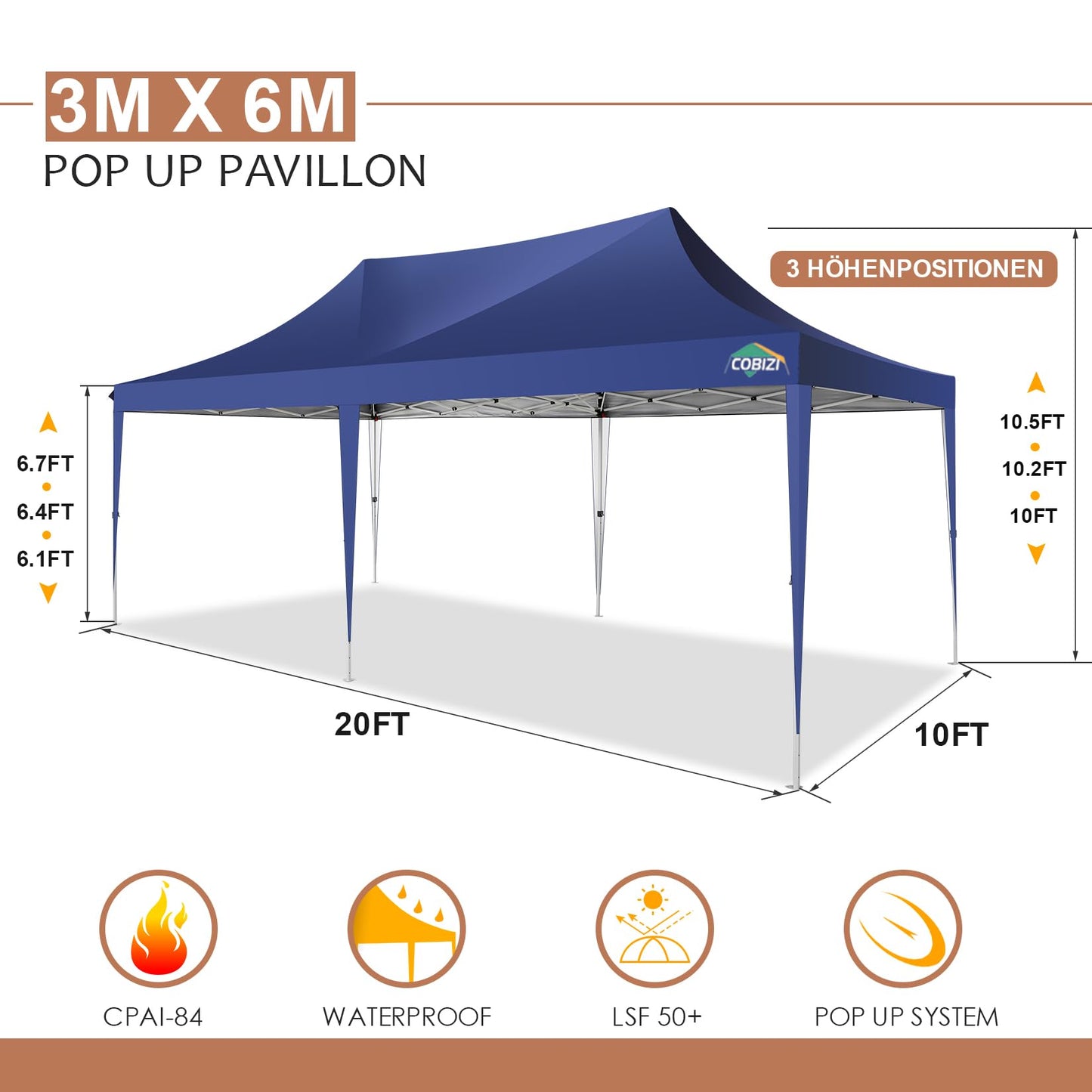 COBIZI Pavillon 3x6,Faltpavillon 3x6 Wasserdicht Stabil Winterfest, Sofort aufklappbare Vordächer Outdoor Gartenzelt mit 6 Seitenteilen, für Party Garten Festival, Weiß