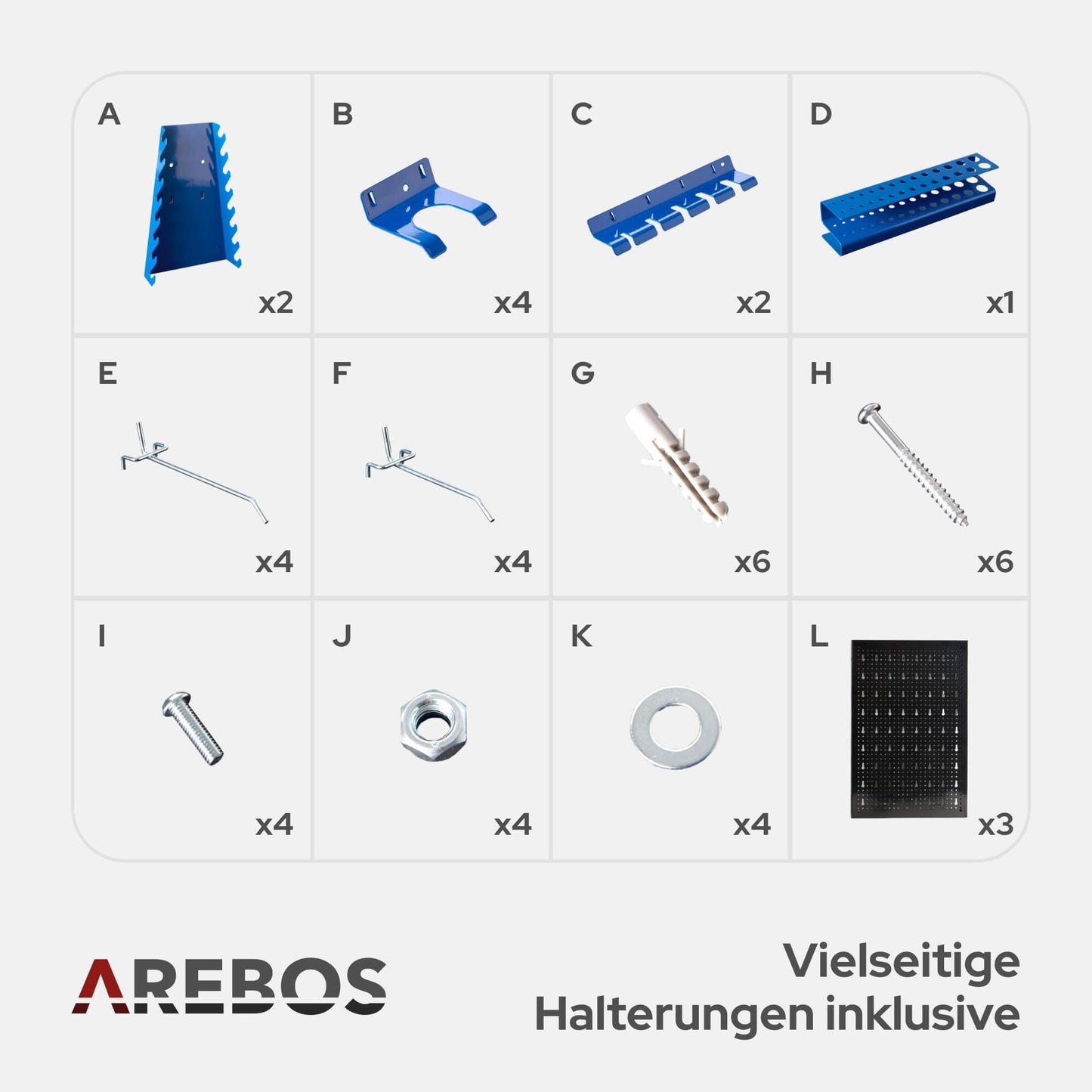 Arebos Tool Wall 3 Panels, 17- Piece Hook Set, 120 x 60 x 2 cm