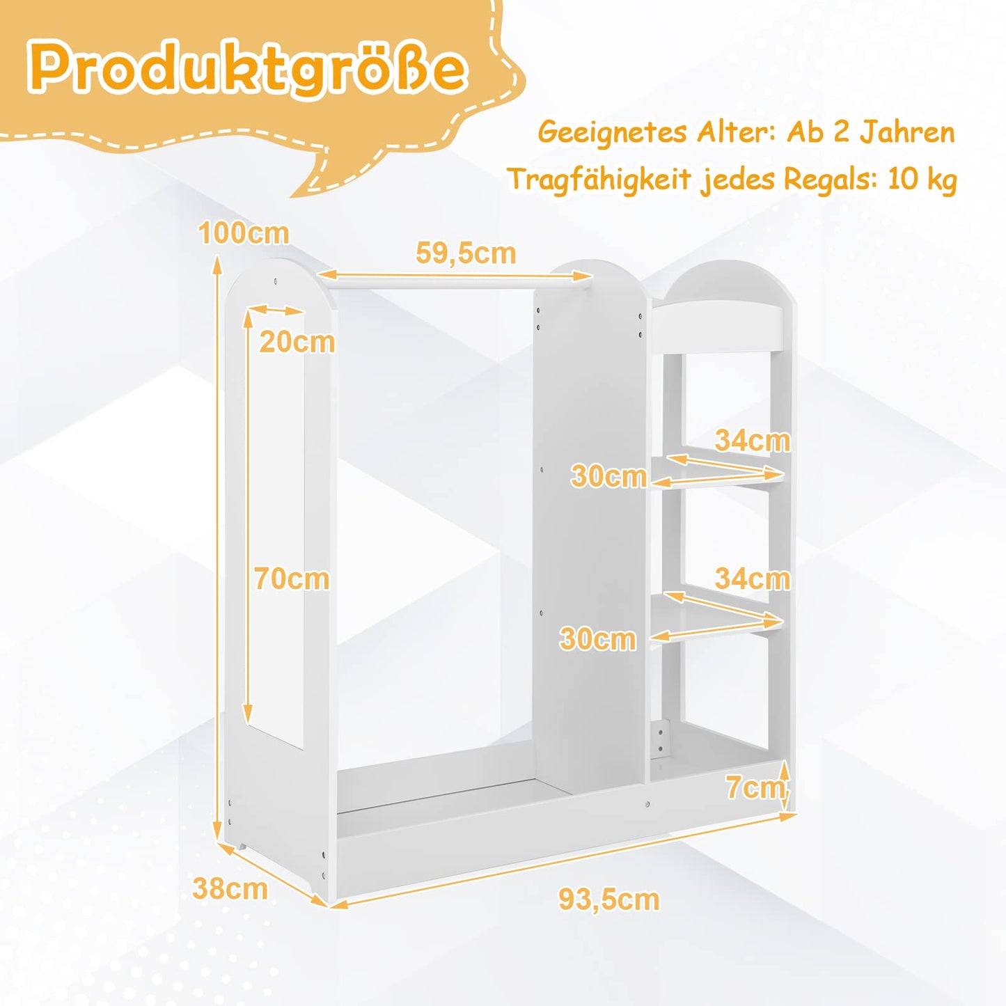 DREAMADE Children's Wardrobe with Mirror and Clothes Rail, Children's Wardrobe with 4 Open Shelves, Children's Clothes Rack for Children's Room, 93.5 x 38 x 100 cm (White)