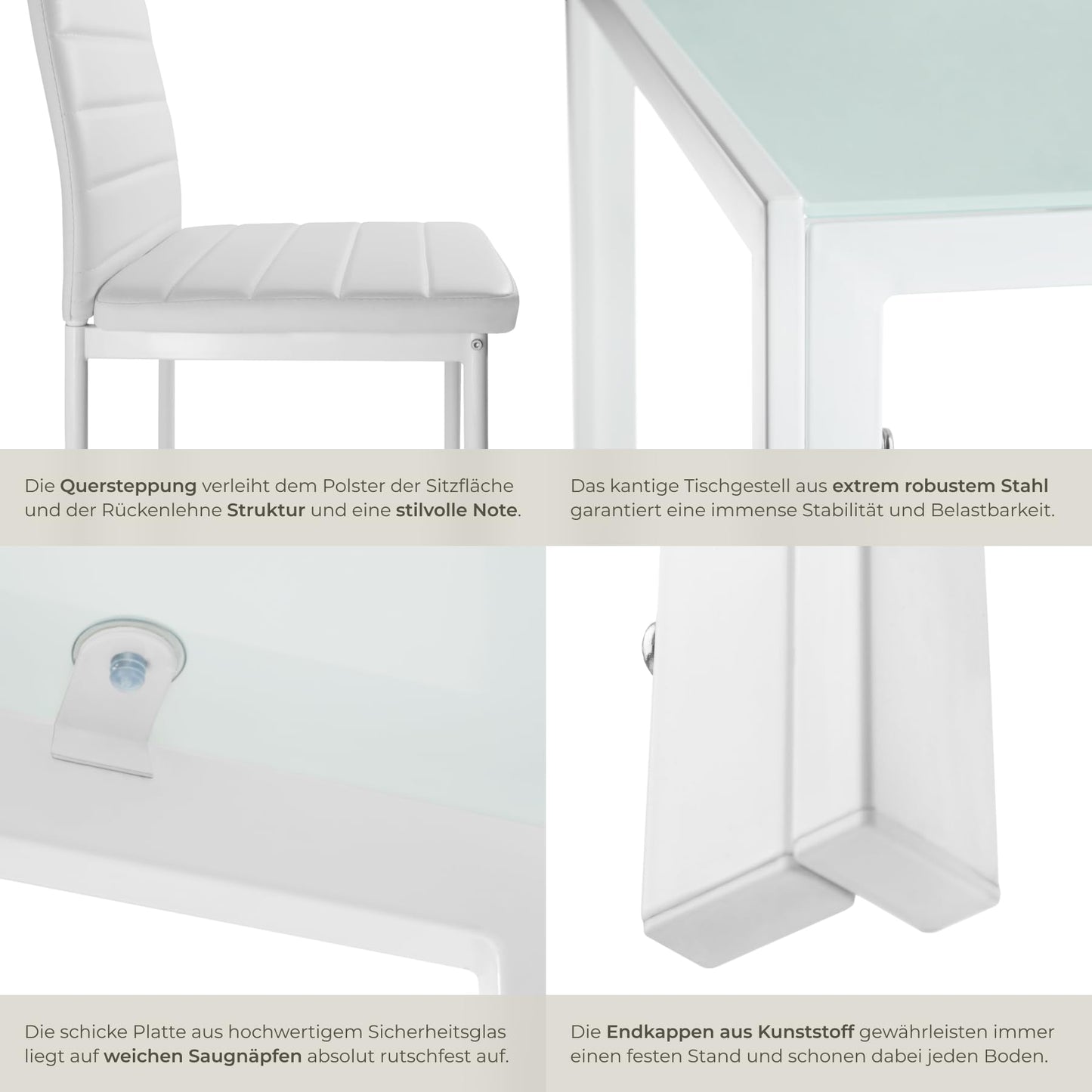 tectake Dining Set Table and Chairs, Dining Table and 4 x Chairs, Durable Faux Leather, Safety Glass Table Top, Modern Kitchen Chairs - Black