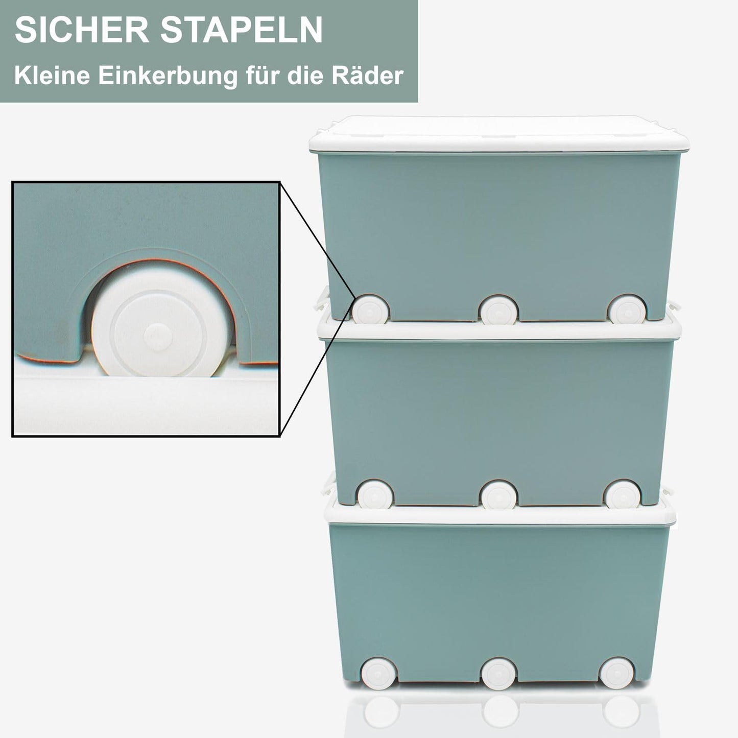 Babykajo 3 Storage Boxes with Lid and Wheels 50 L - Stacking Boxes with Lid Opaque - Plastic Box with Lid for Closing - Boxes Storage with Lid