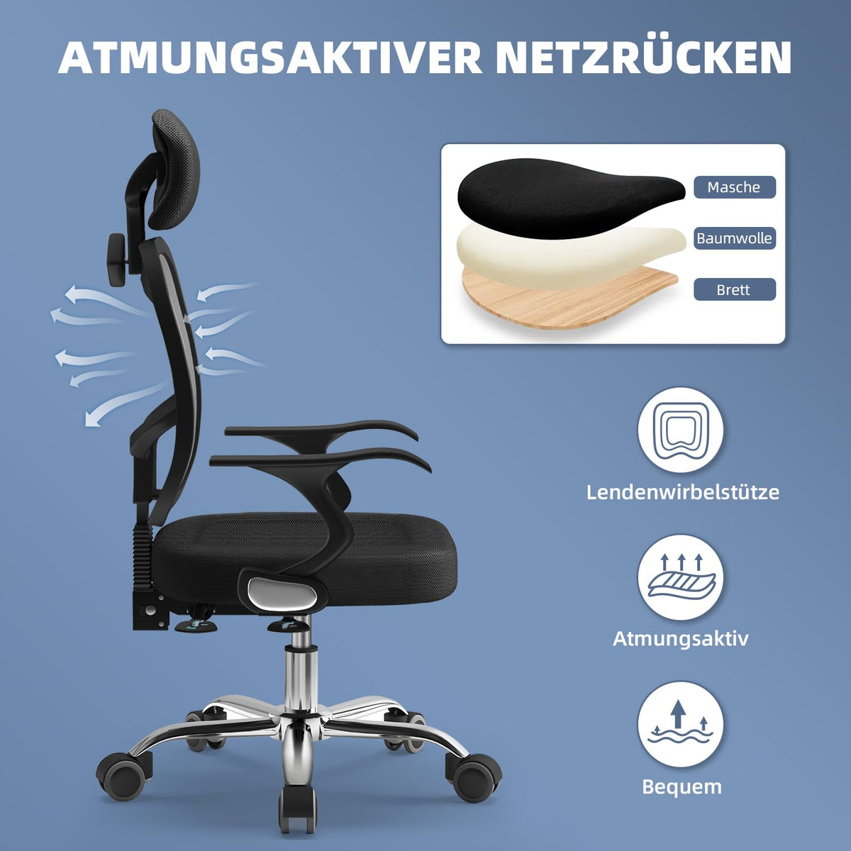 Airchros Ergonomic Office Chair, Desk Chair with Folding Armrests, Adjustable Lumbar Support, Height-Adjustable Executive Chair, Swivel Chair, Mesh Chair with Rocker Function up to 125°, Black