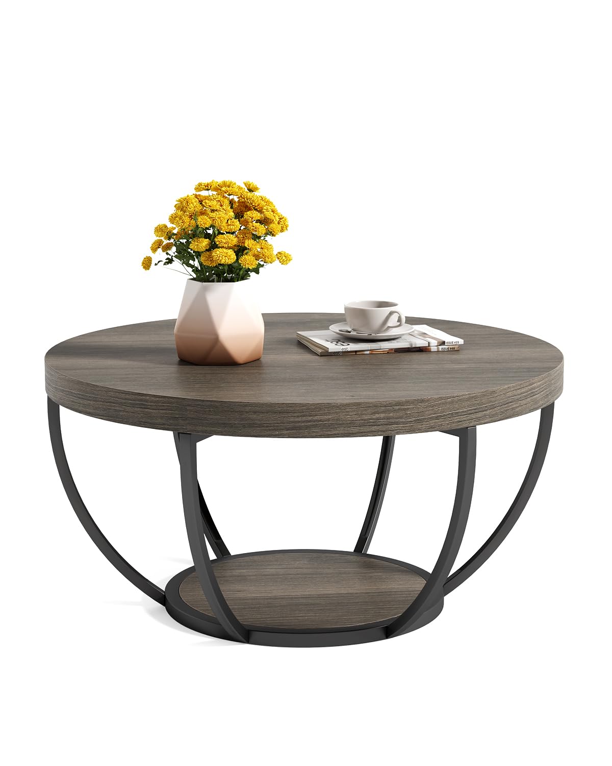 LITTLE TREE Round Coffee Table 32 Inch Round Coffee Table for Living Room 2 Tier Wood Accent Center Table with Open Storage Industrial Design Home Furniture (Wood Grain and Black)