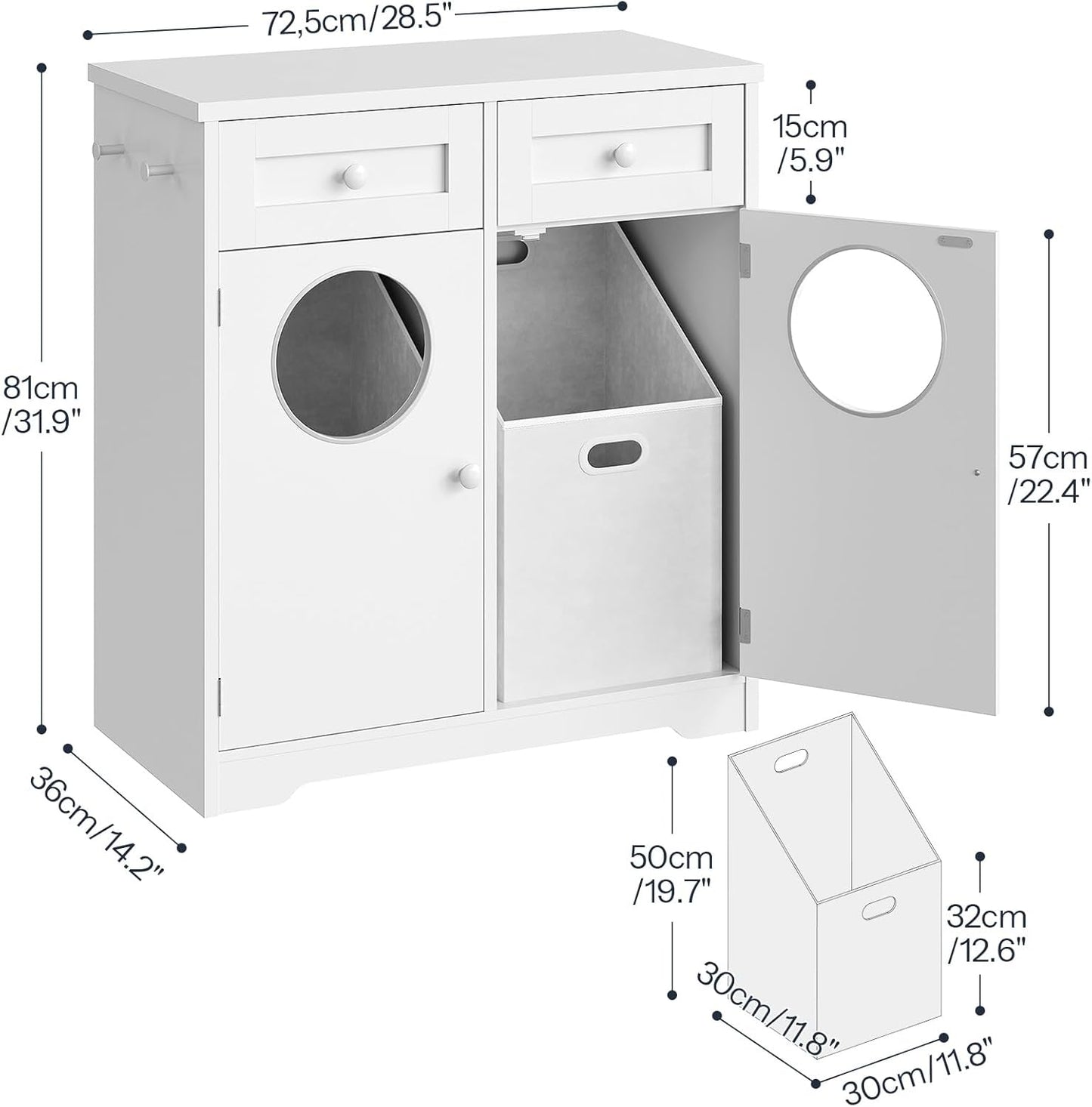 HOOBRO Bathroom Cabinet with Laundry Basket, Bathroom Cabinet with 2 x 37L Laundry Baskets, Freestanding Laundry Cabinet with 2 Drawers and 4 Hooks, for Bathroom, Laundry Room, White EWT36XY01