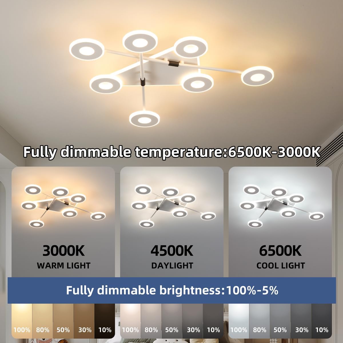 LED Ceiling Light Modern 50 W - Dimmable with Remote Control, 5000 lm, Colour Temperature 3000-6500 K, Night Light, Timer & Memory Function, Ceiling Lamp with 7 Light Heads for Living Room